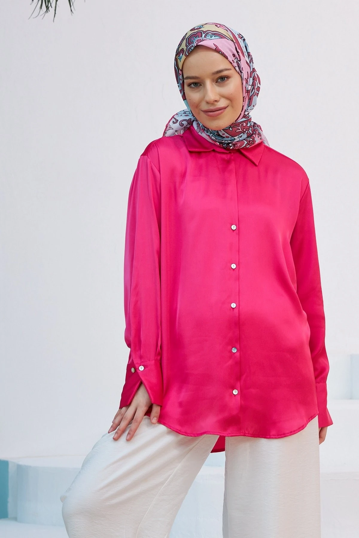 Mozaik Su Yeşili Pembe Pamuk Viskon Eşarp