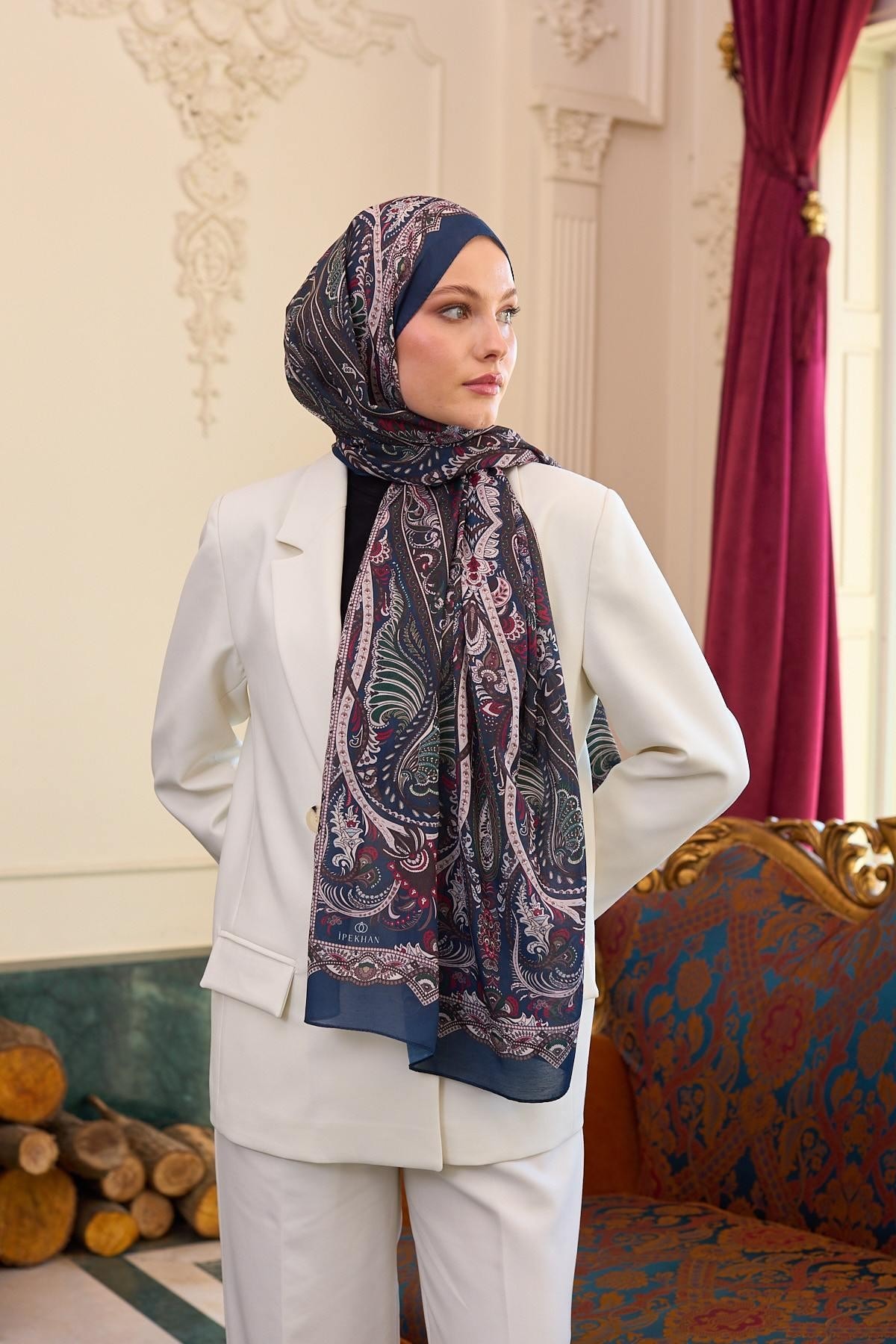 Desenli Vual Şal Lacivert Bordo Vual İpek Şal - 9804-09