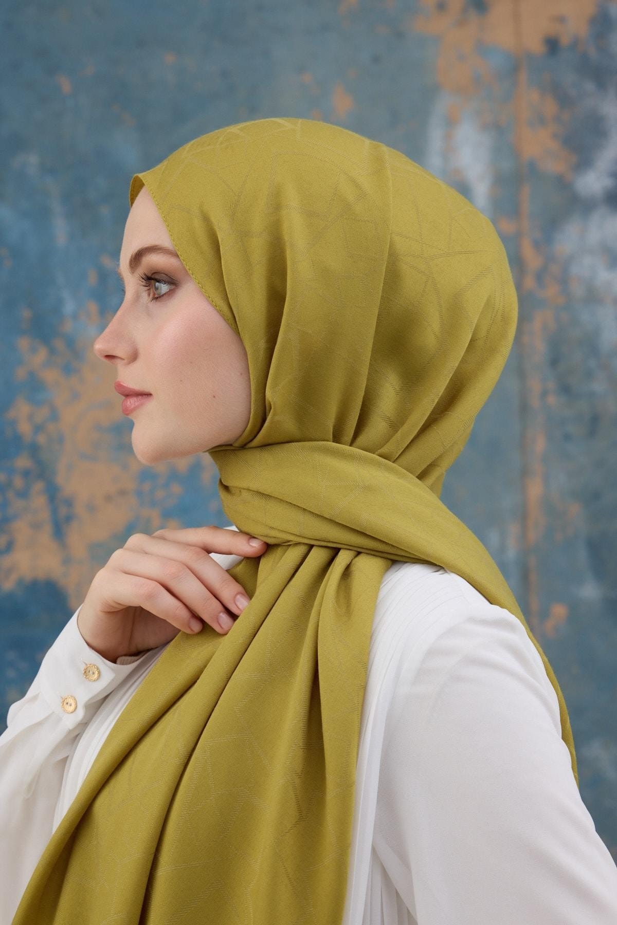 Kare Desen Pamuk Jakar Şal Yağ Yeşili 8012-11