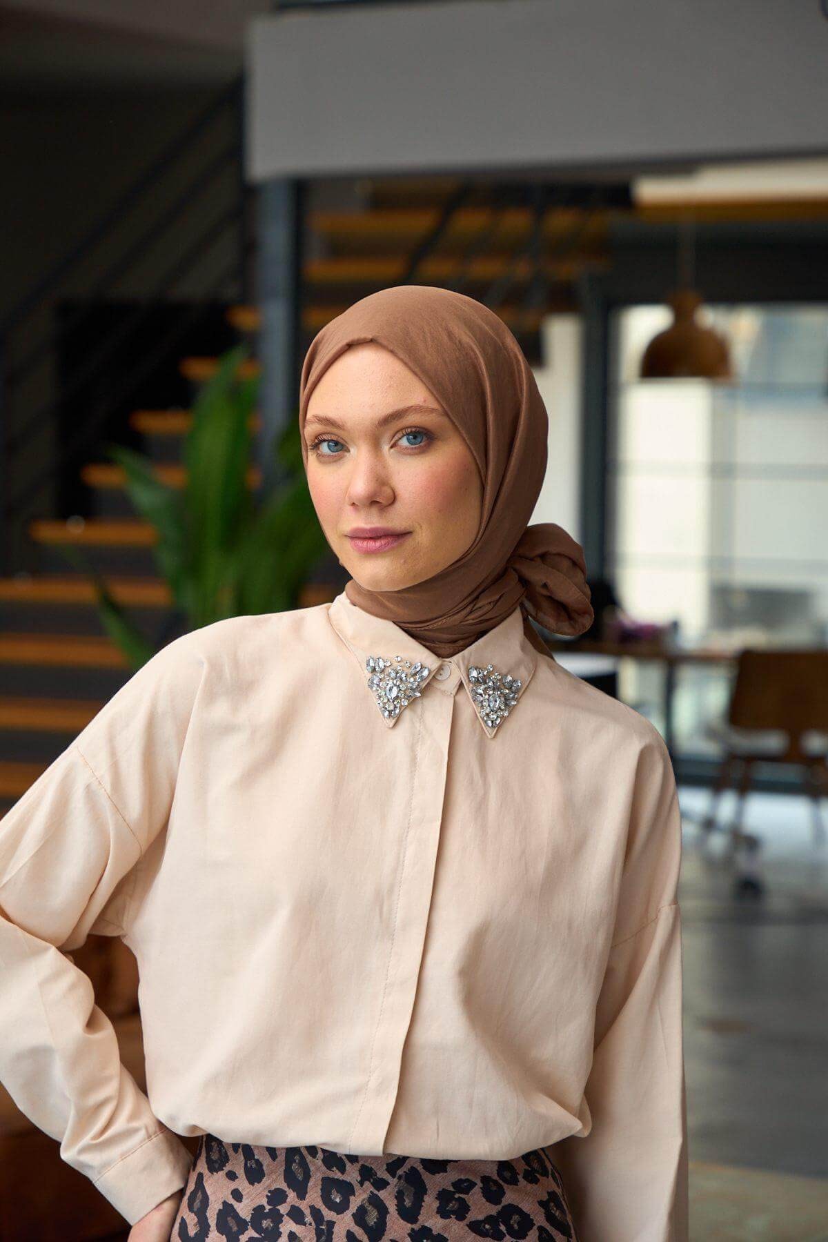 Düz Desen Vual Şal Soluk Kahve Vual İpek Şal - 9800-31