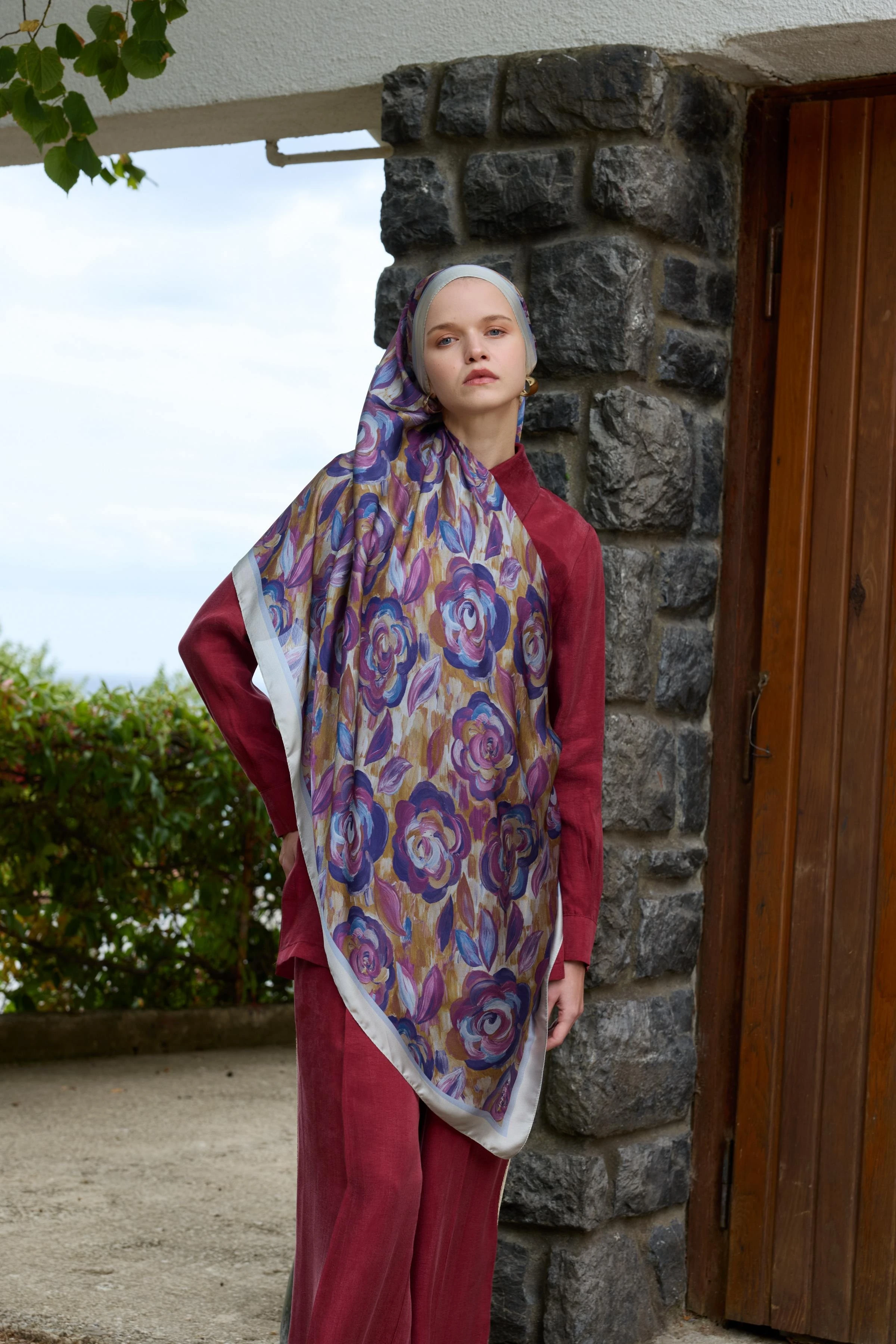 Winter Bloom Hint İpek Şal 5014 - Mavi