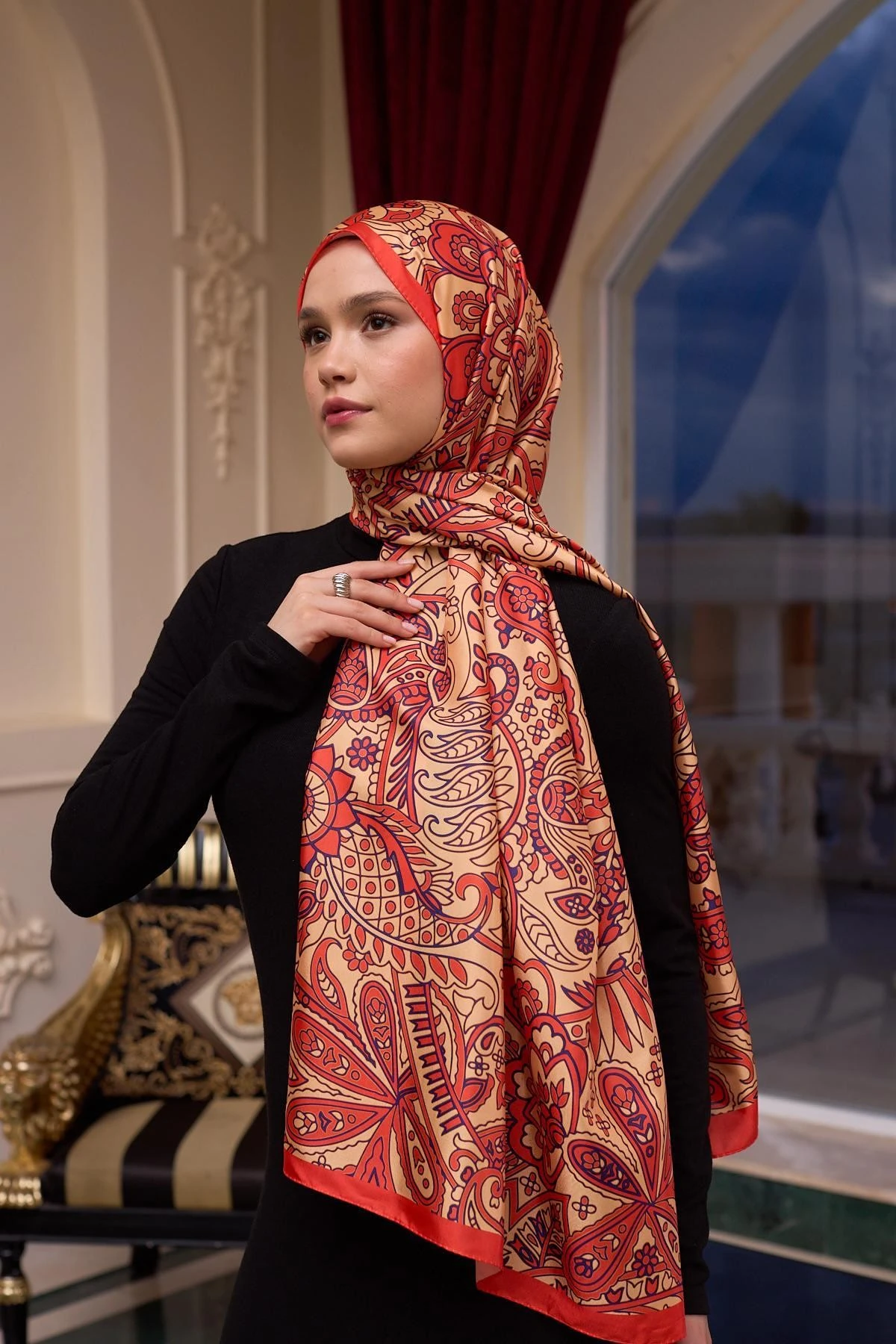 Desenli Vual Şal Altın Turuncu Vual İpek Şal - 9803-01