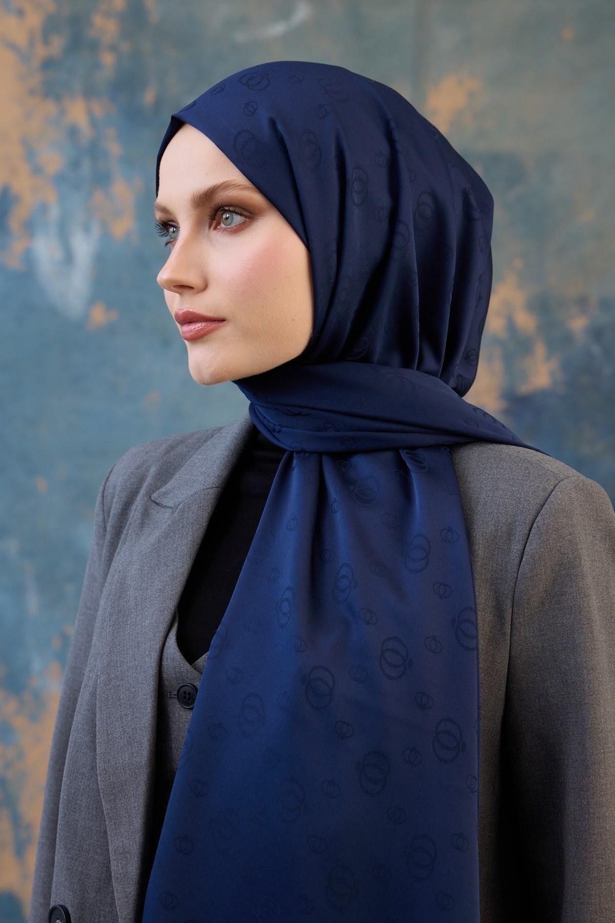 Fall Winter İpeksi Jakar Şal Lacivert 9018-12