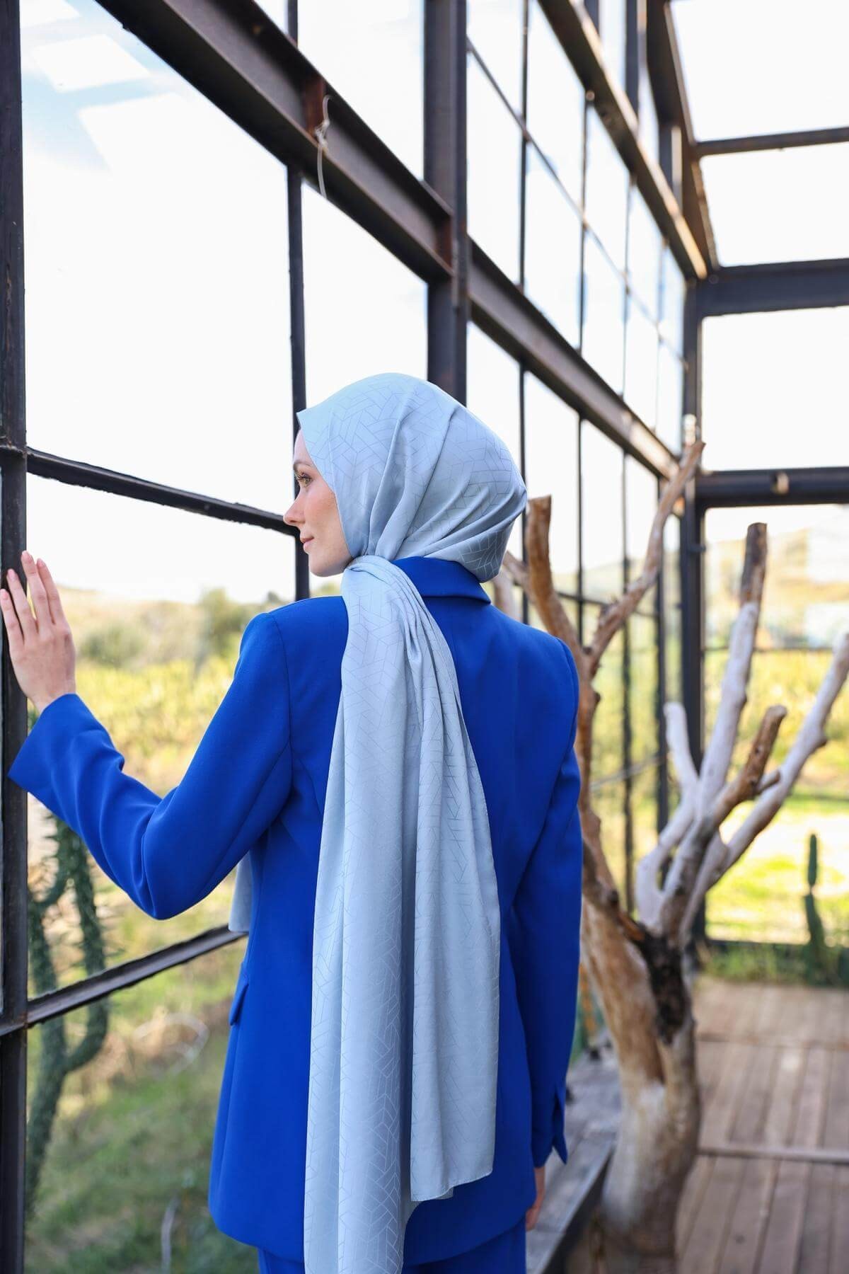 Exen Desen İpeksi Jakar Şal Baby Blue 9011-13