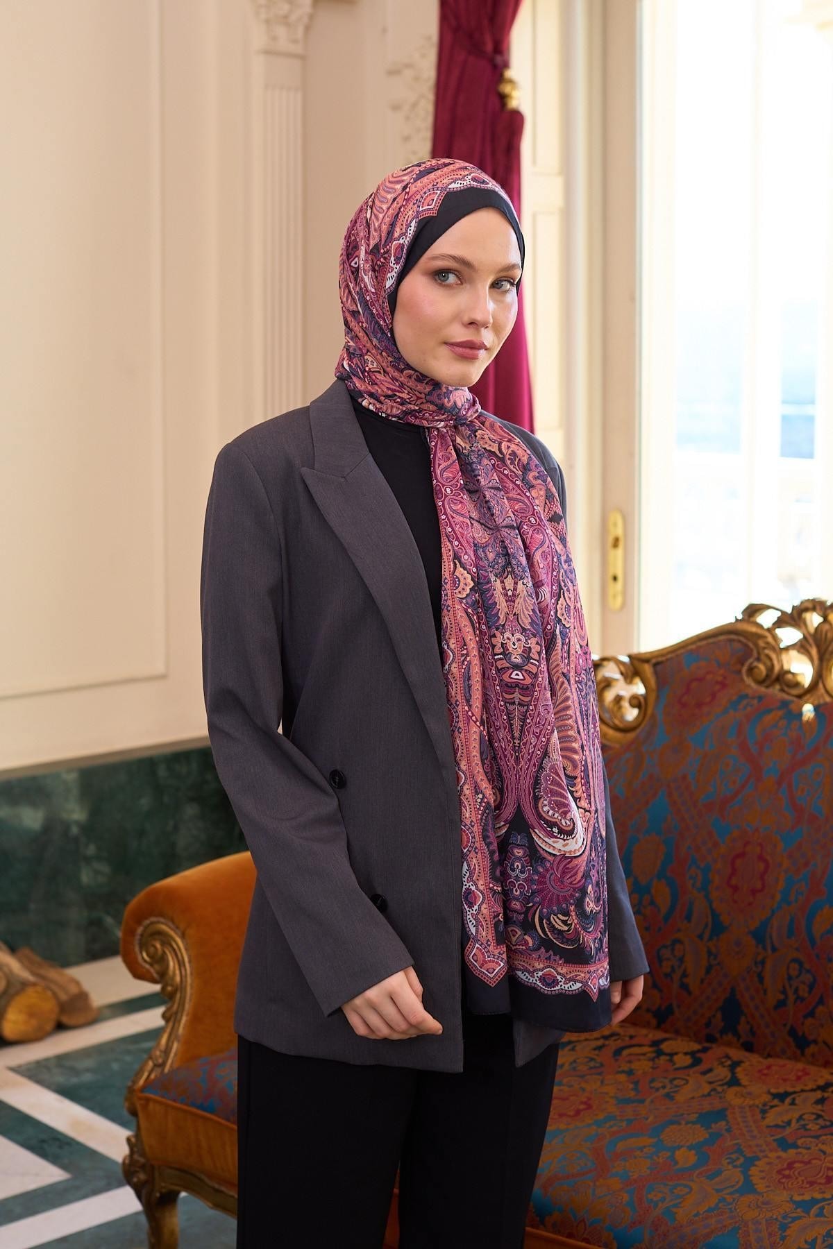 Desenli Vual Şal Fuşya Vual İpek Şal - 9804-04