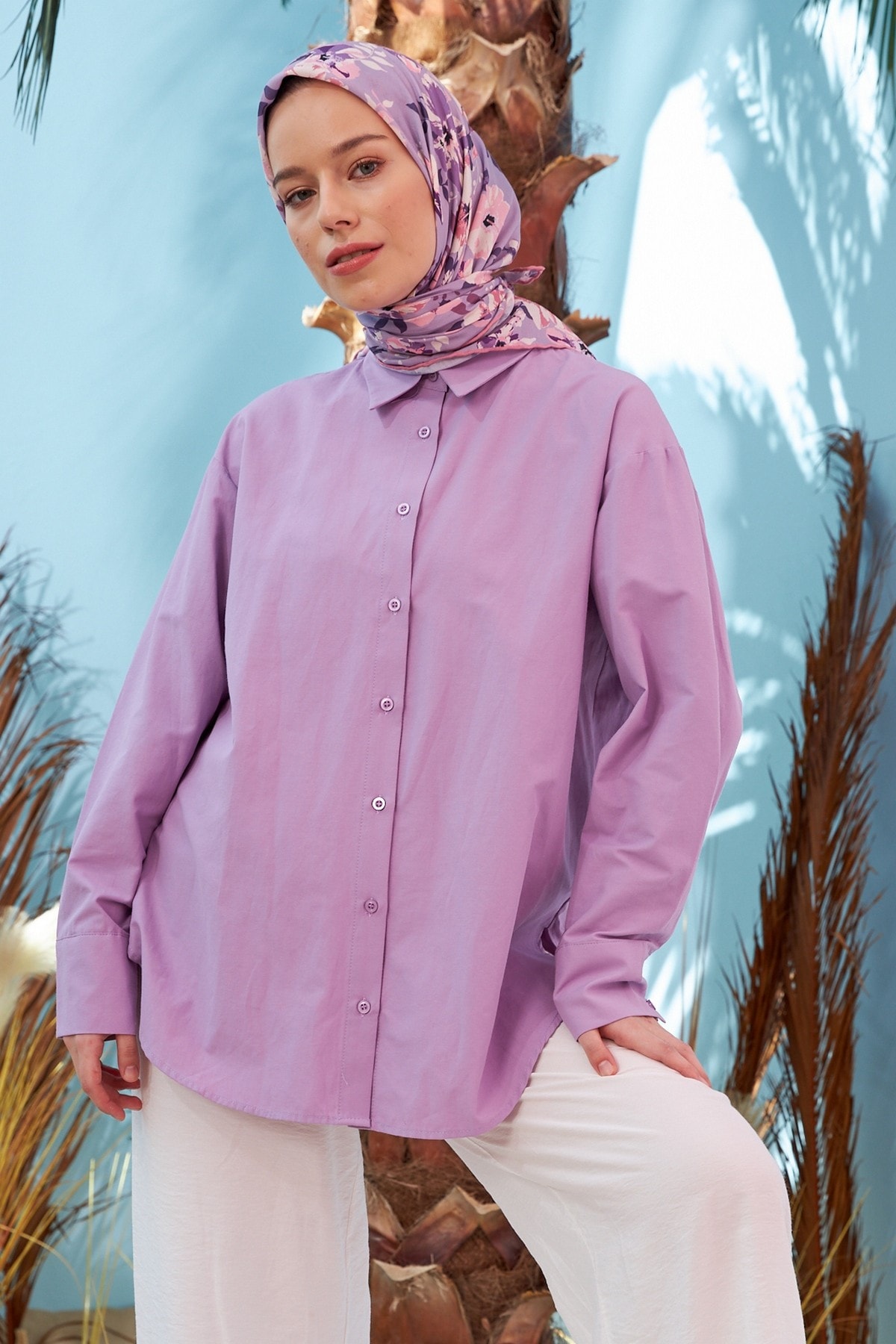 Çiçek Bahçesi Lila Pamuk Viskon Eşarp