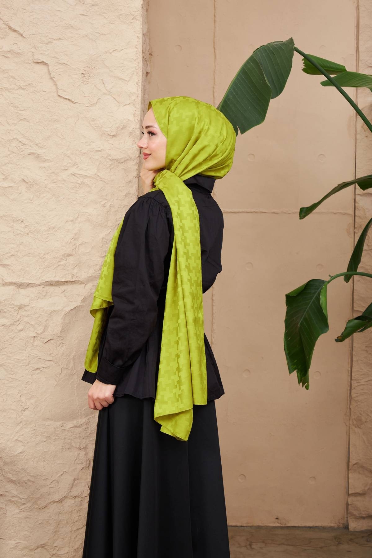 Cross Desen İpeksi Jakar Şal Yağ Yeşili 9006-21