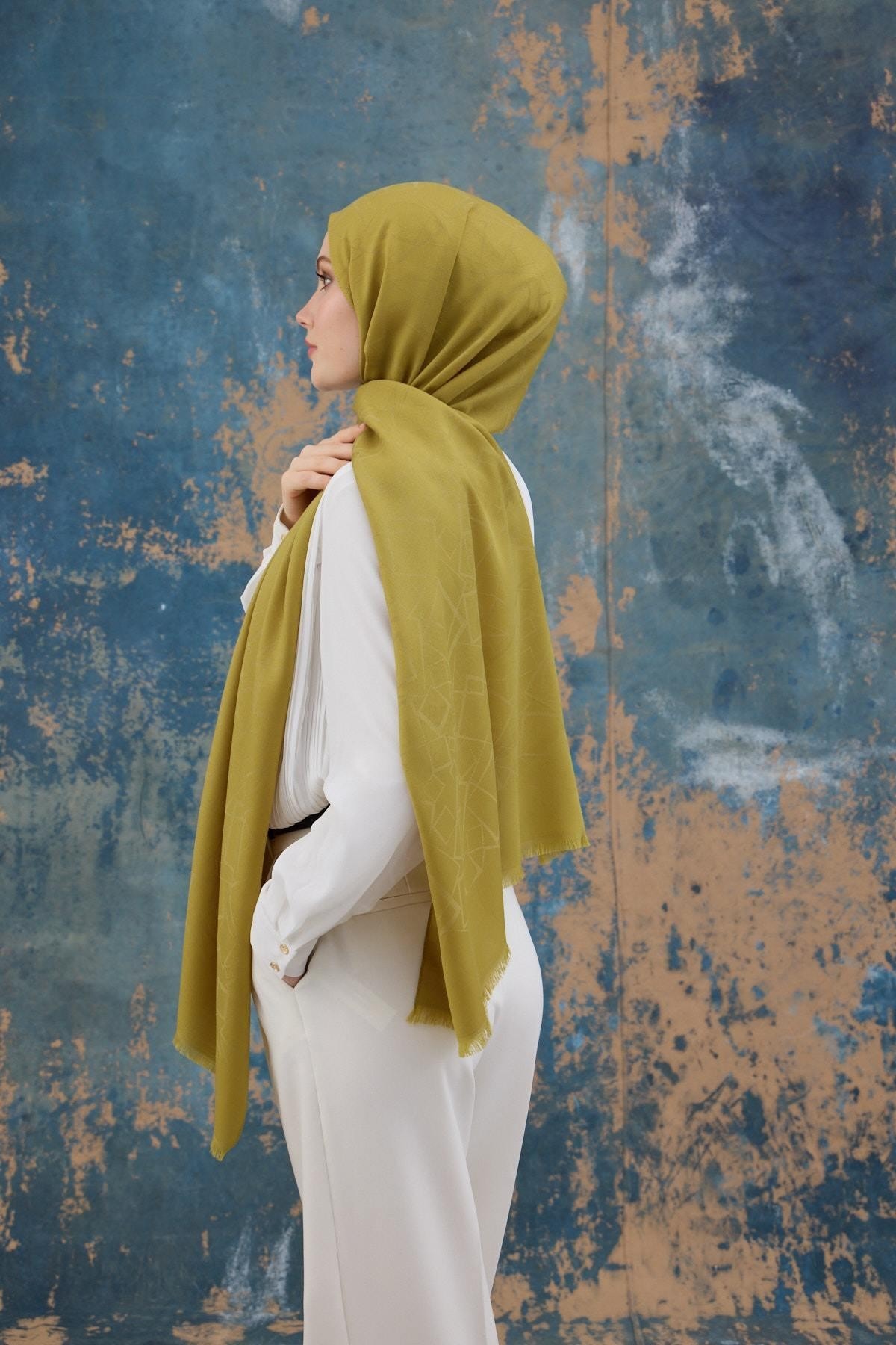 Kare Desen Pamuk Jakar Şal Yağ Yeşili 8012-11