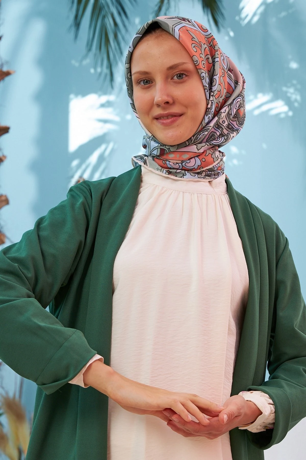 Mozaik Yeşil Turuncu Pamuk Viskon Eşarp