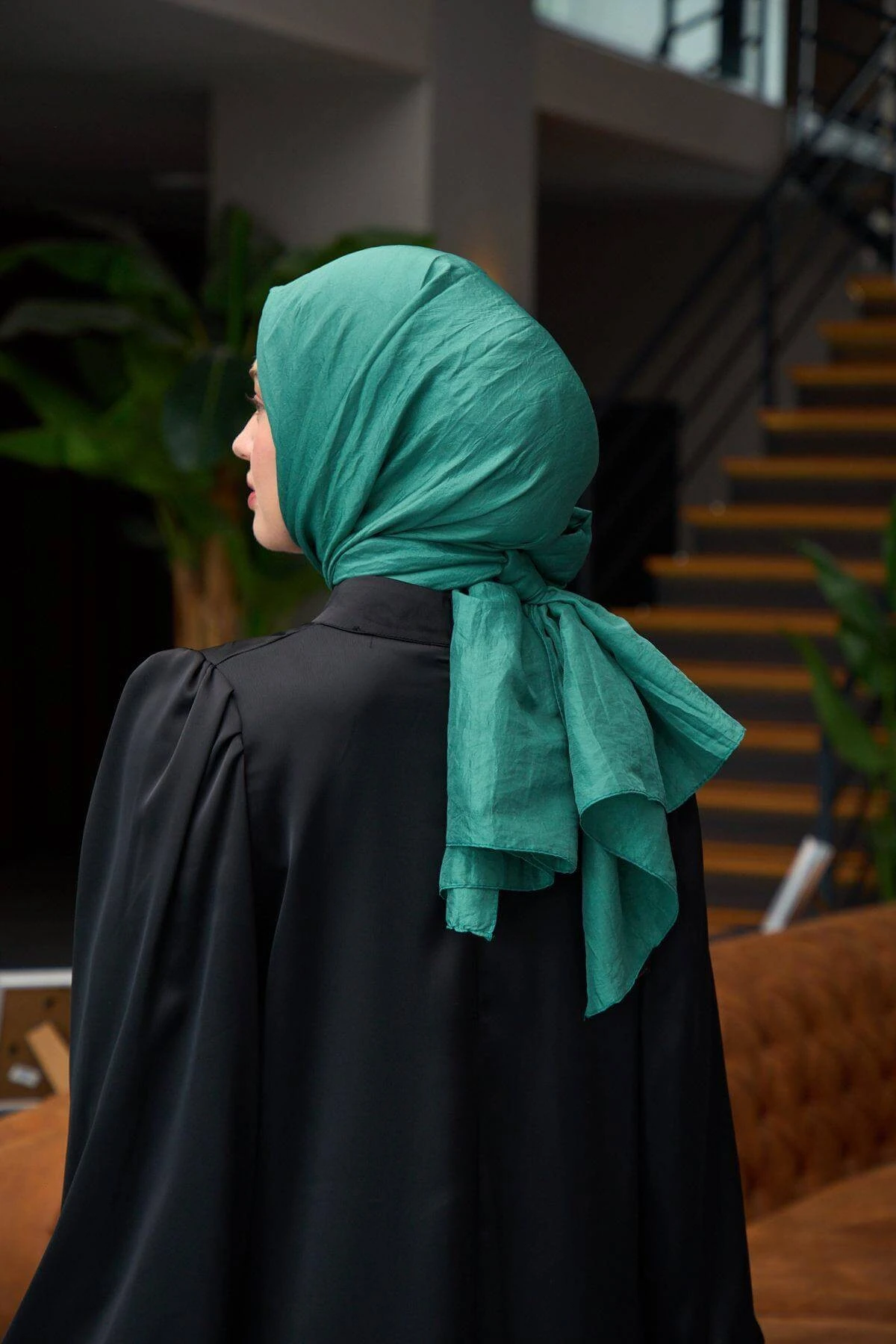 Düz Desen Vual Şal Orman Yeşil Vual İpek Şal - 9800-36