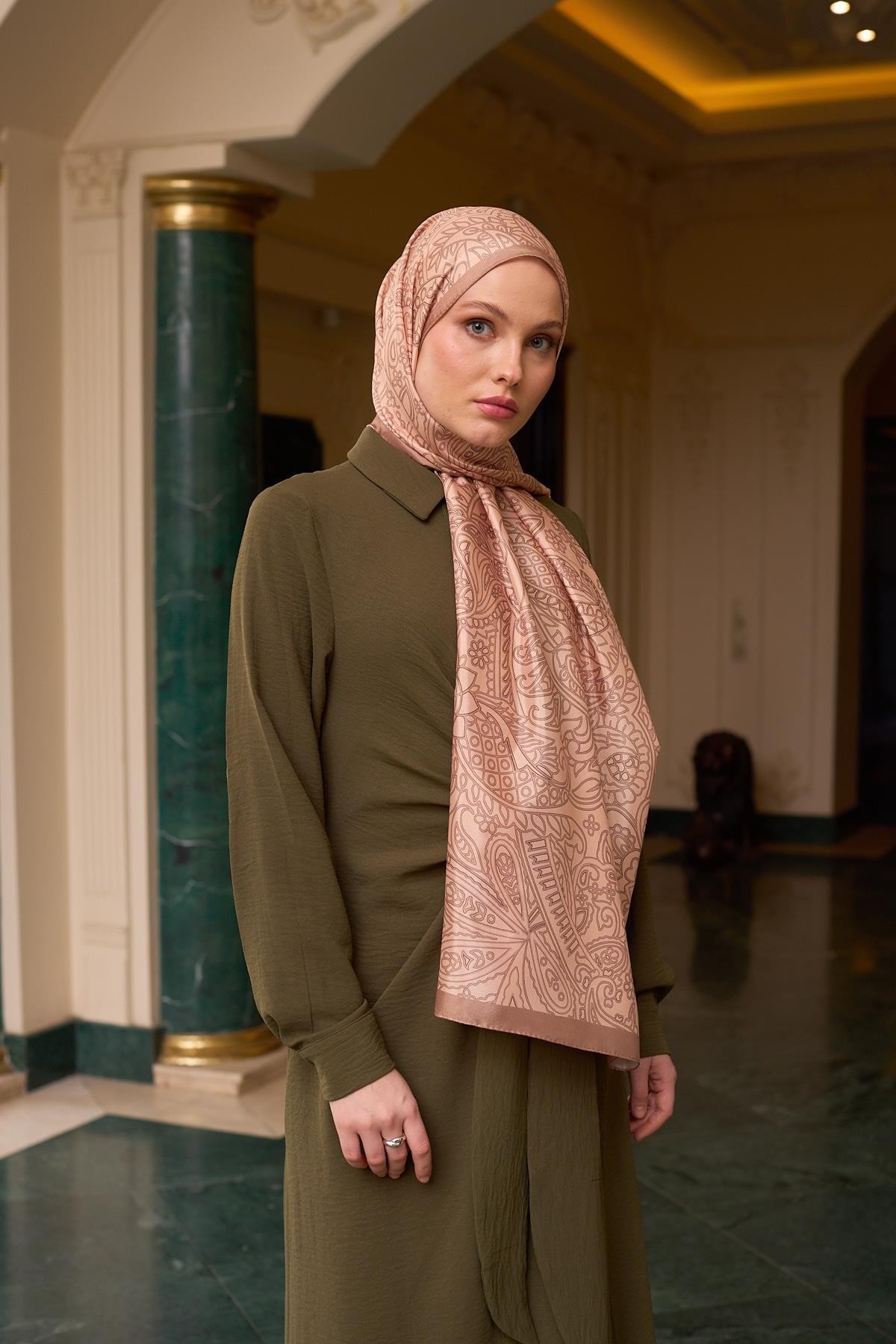 Desenli Vual Şal Sütlü Kahve Vual İpek Şal - 9803-27