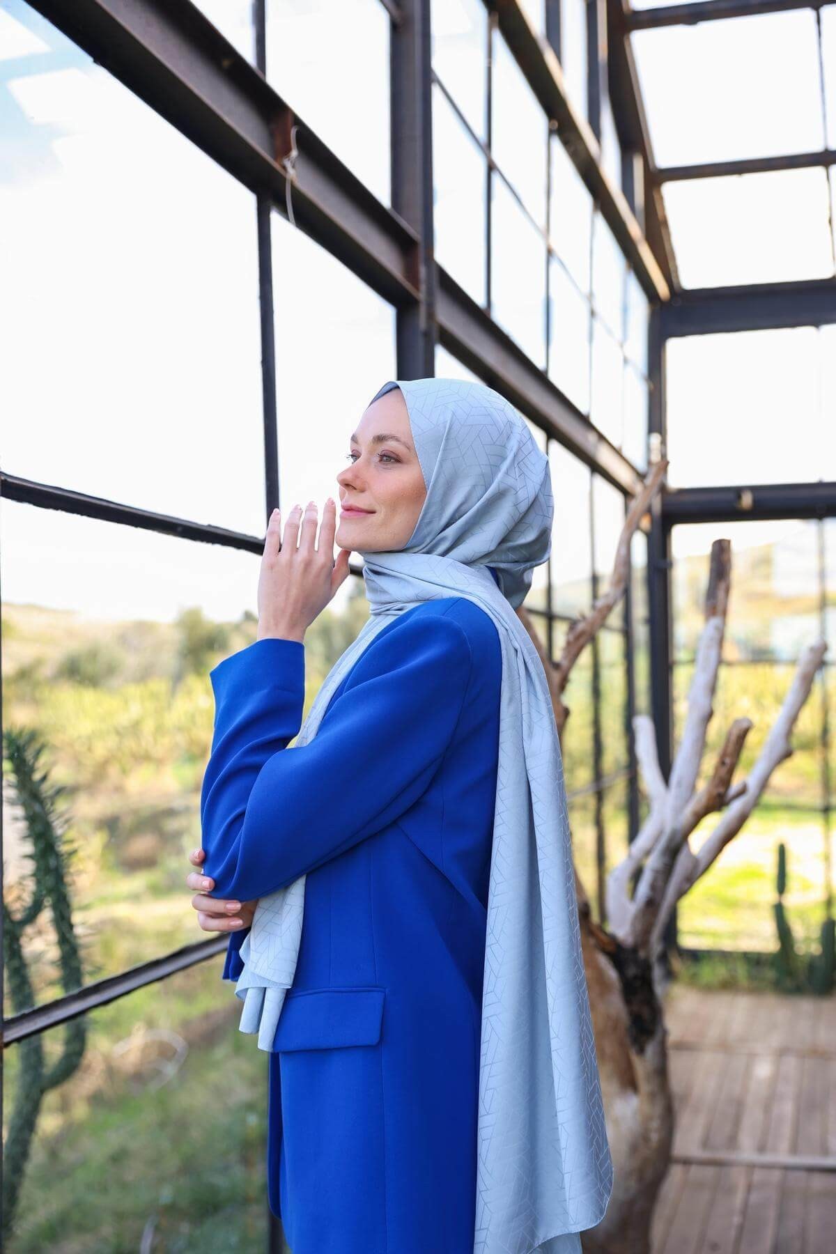 Exen Desen İpeksi Jakar Şal Baby Blue 9011-13