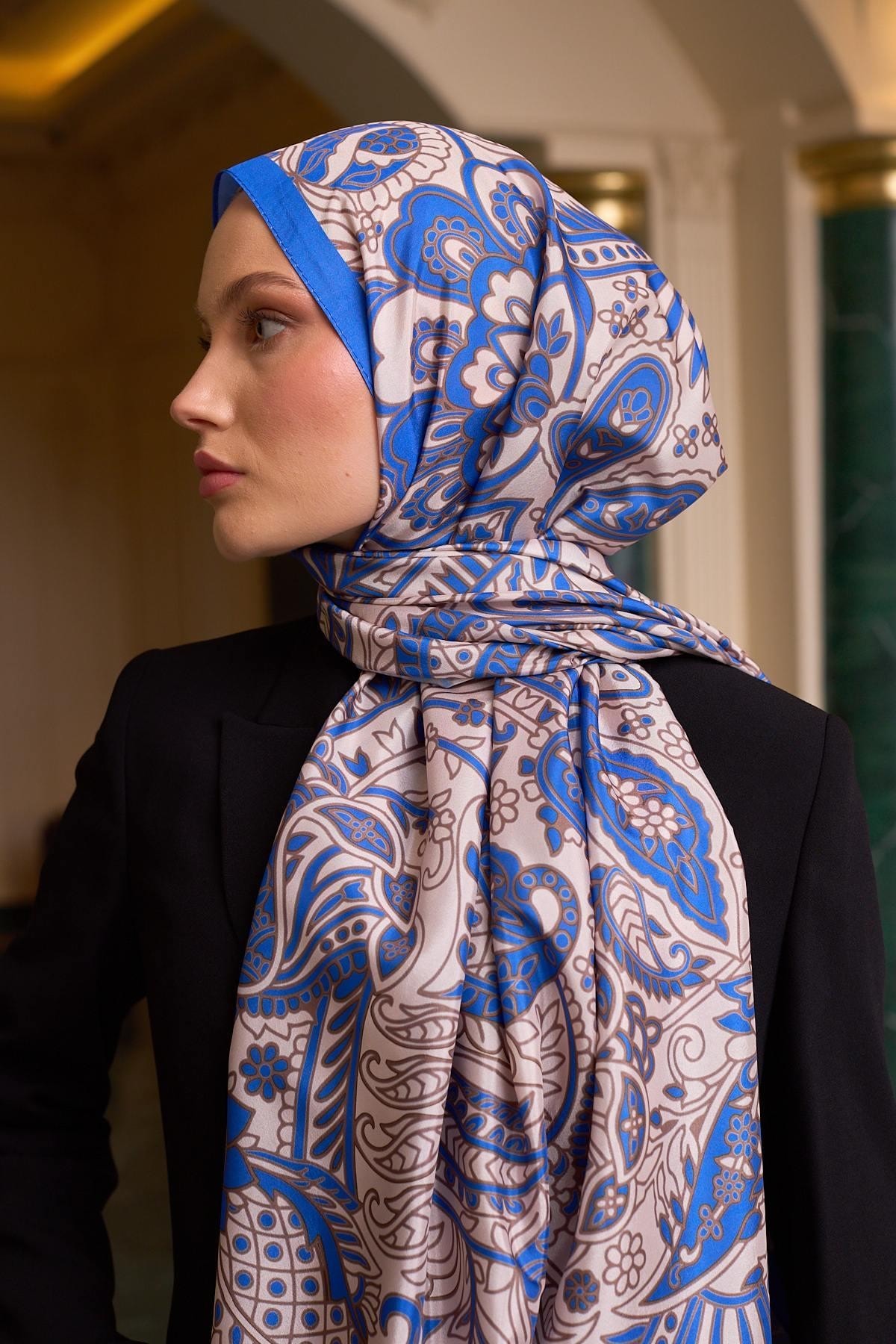 Desenli Vual Şal Saks Beyaz Vual İpek Şal - 9803-23