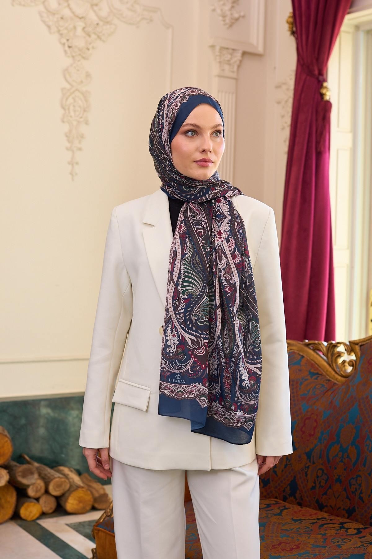 Desenli Vual Şal Lacivert Bordo Vual İpek Şal - 9804-09