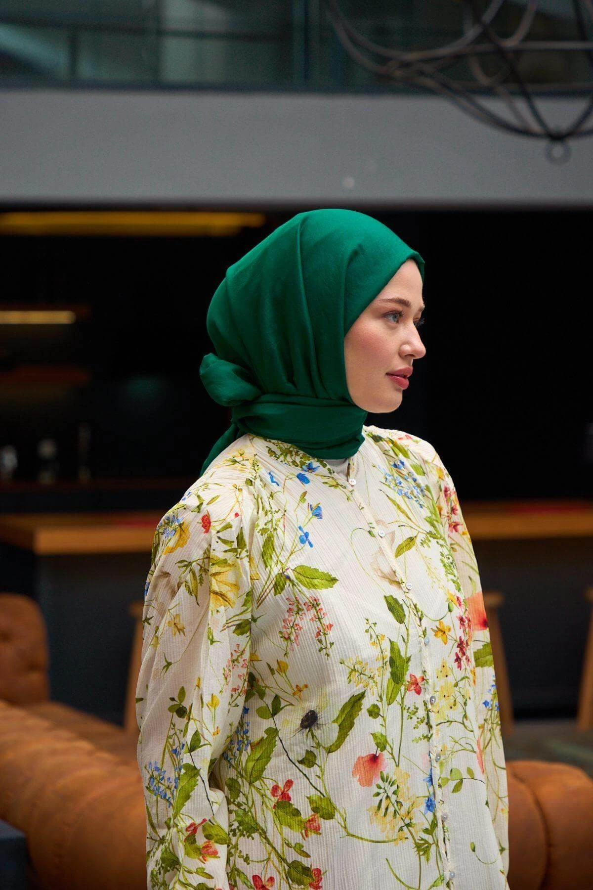 Düz Desen Vual Şal Avcı Yeşili Vual İpek Şal - 9800-12