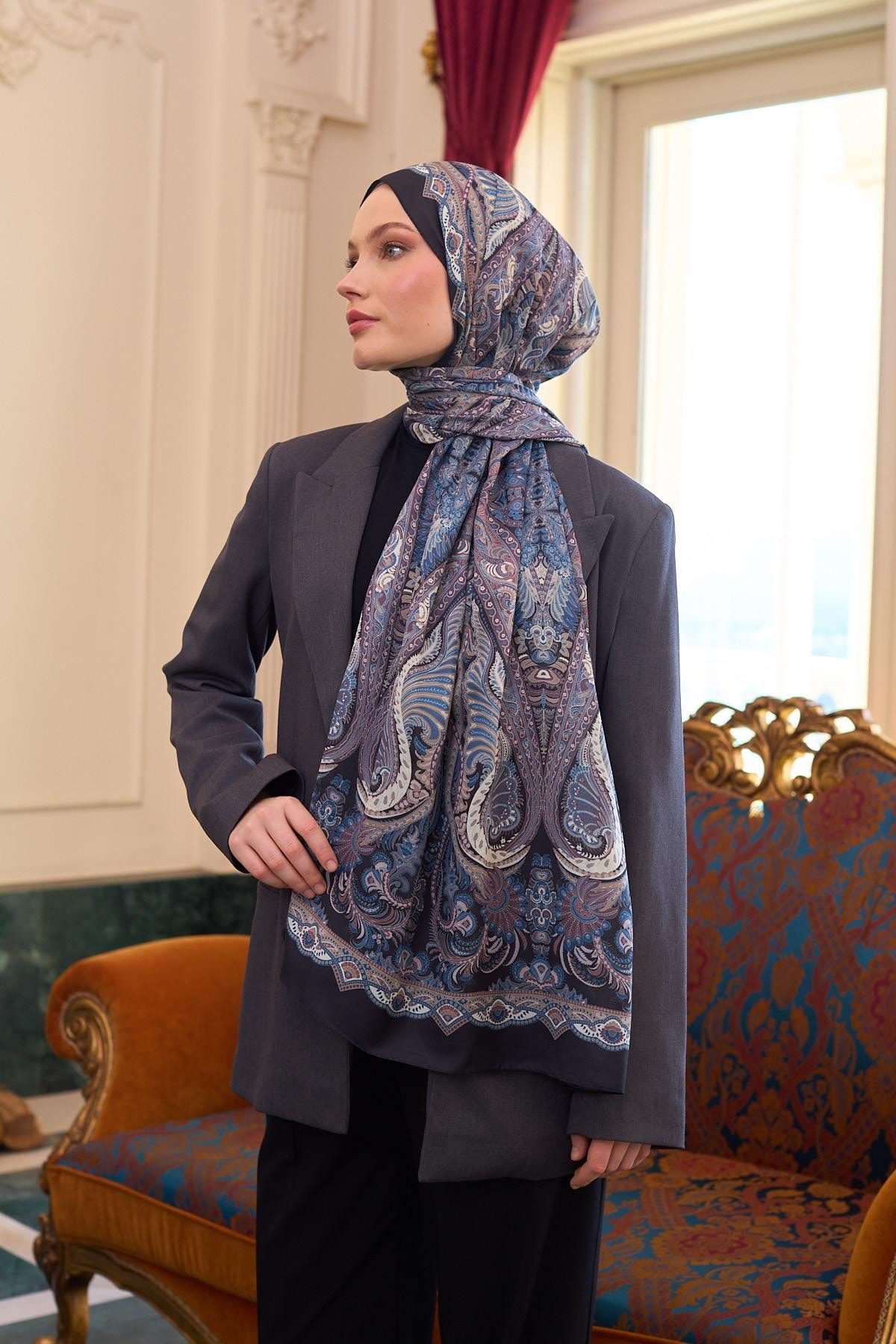 Desenli Vual Şal Siyah Mavi Vual İpek Şal - 9804-17