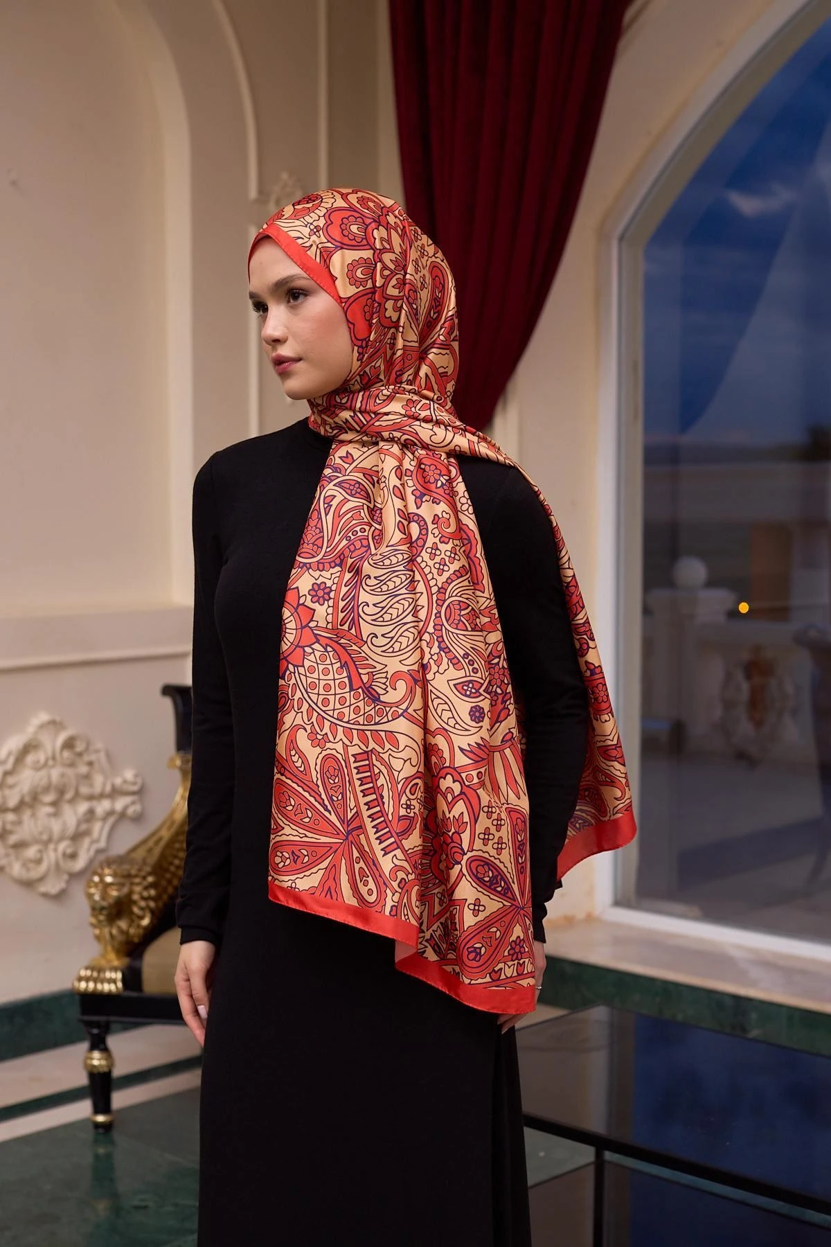 Desenli Vual Şal Altın Turuncu Vual İpek Şal - 9803-01