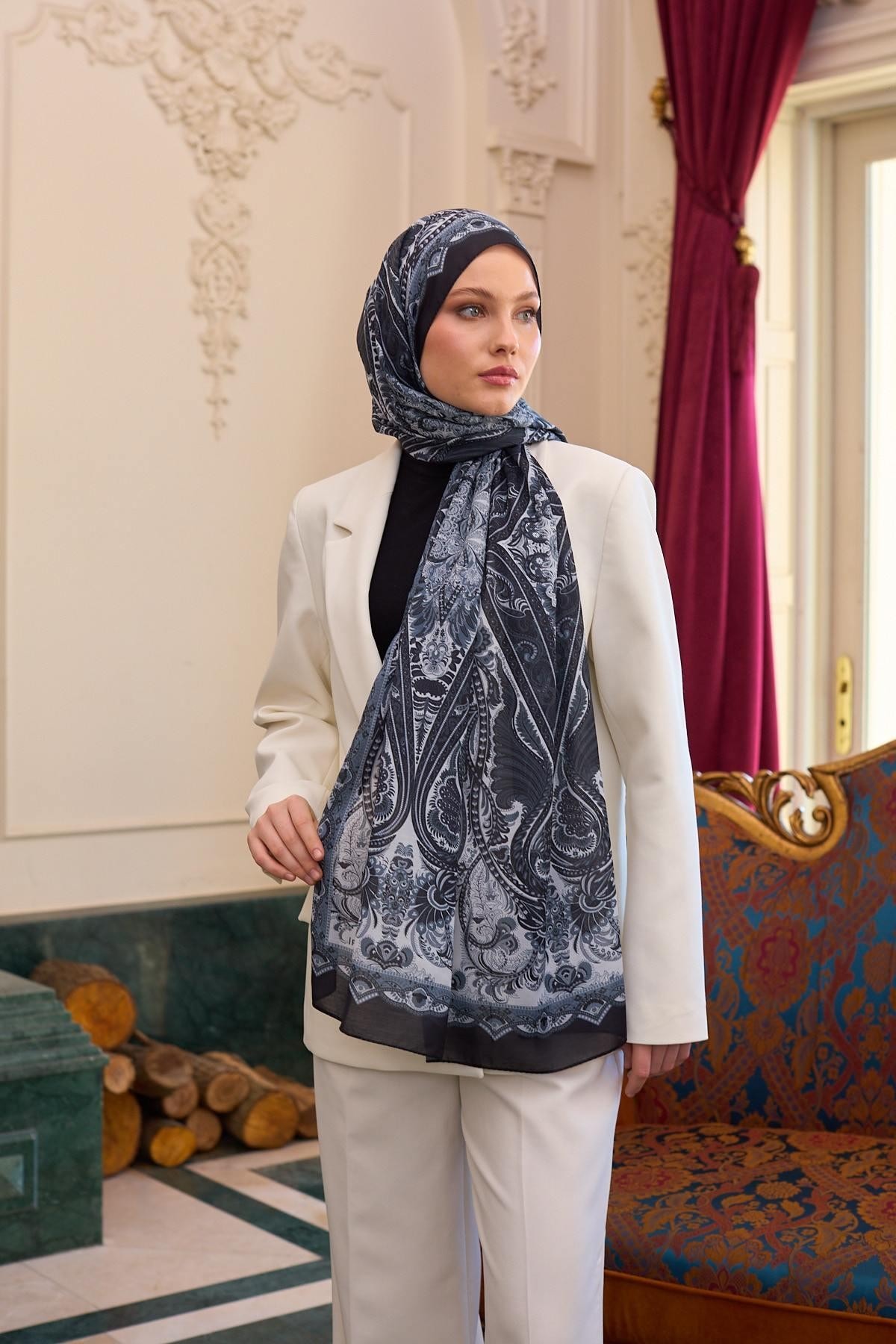 Desenli Vual Şal Siyah Beyaz Vual İpek Şal - 9804-16