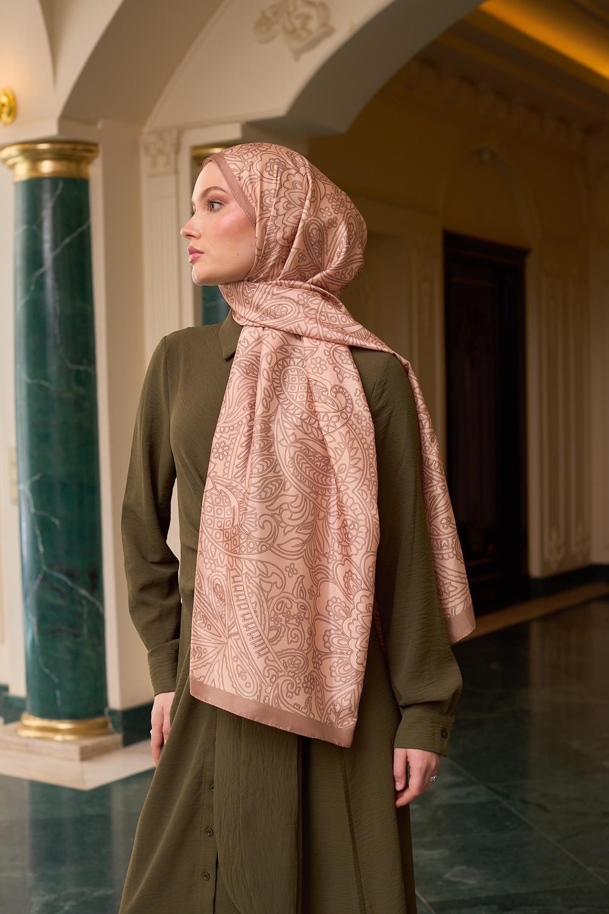 Desenli Vual Şal Sütlü Kahve Vual İpek Şal - 9803-27