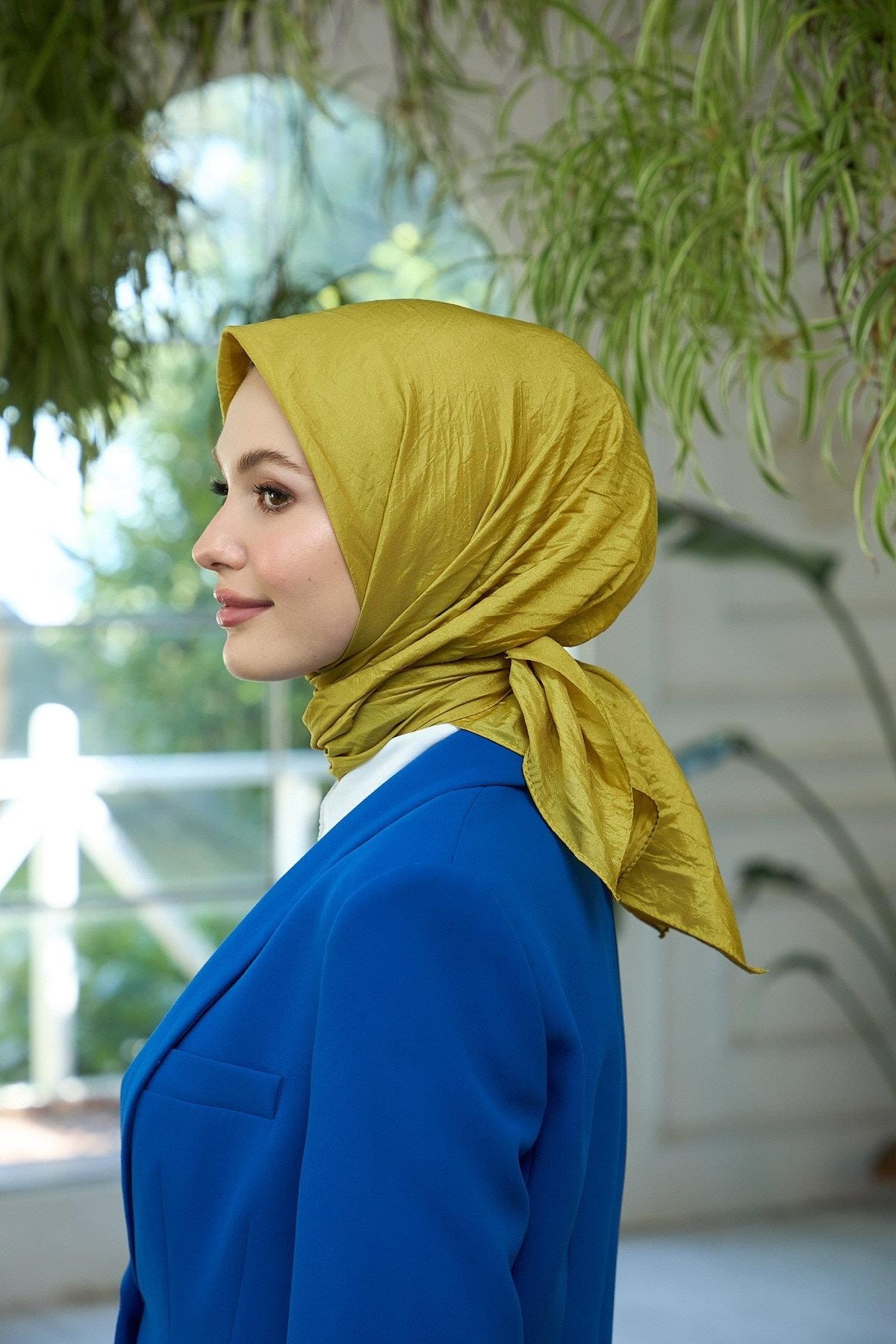 Düz Desen Vual Eşarp Yağ Yeşili Vual İpek Eşarp - 10100-12