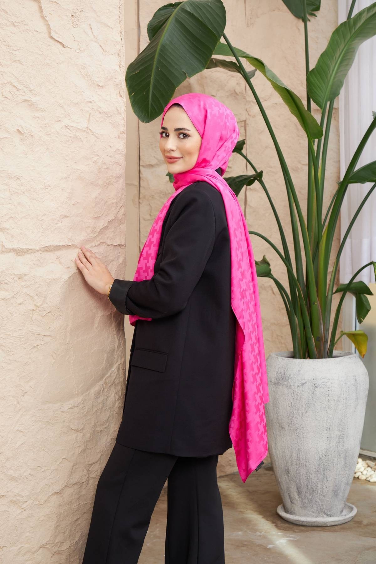 Cross Desen İpeksi Jakar Şal Fuşya 9006-05