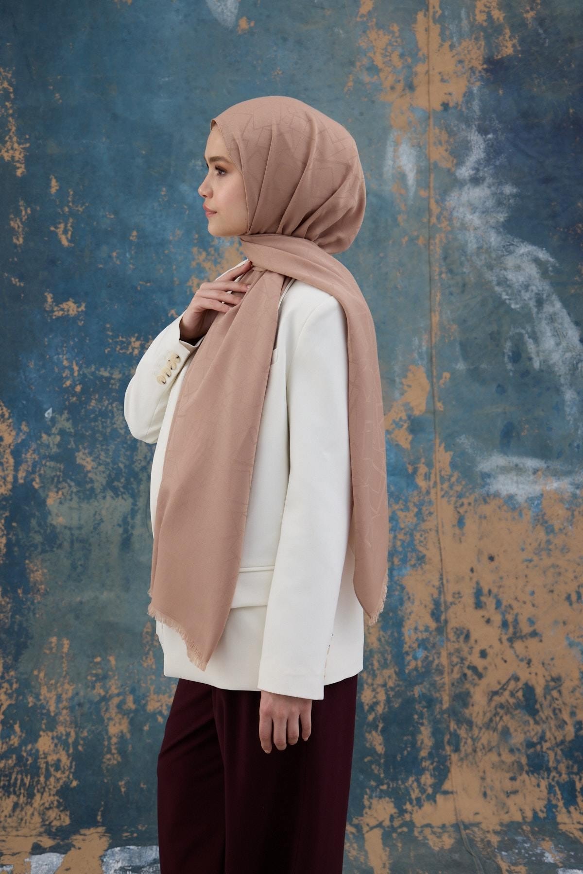 Kare Desen Pamuk Jakar Şal Tatlı Vizon 8012-23