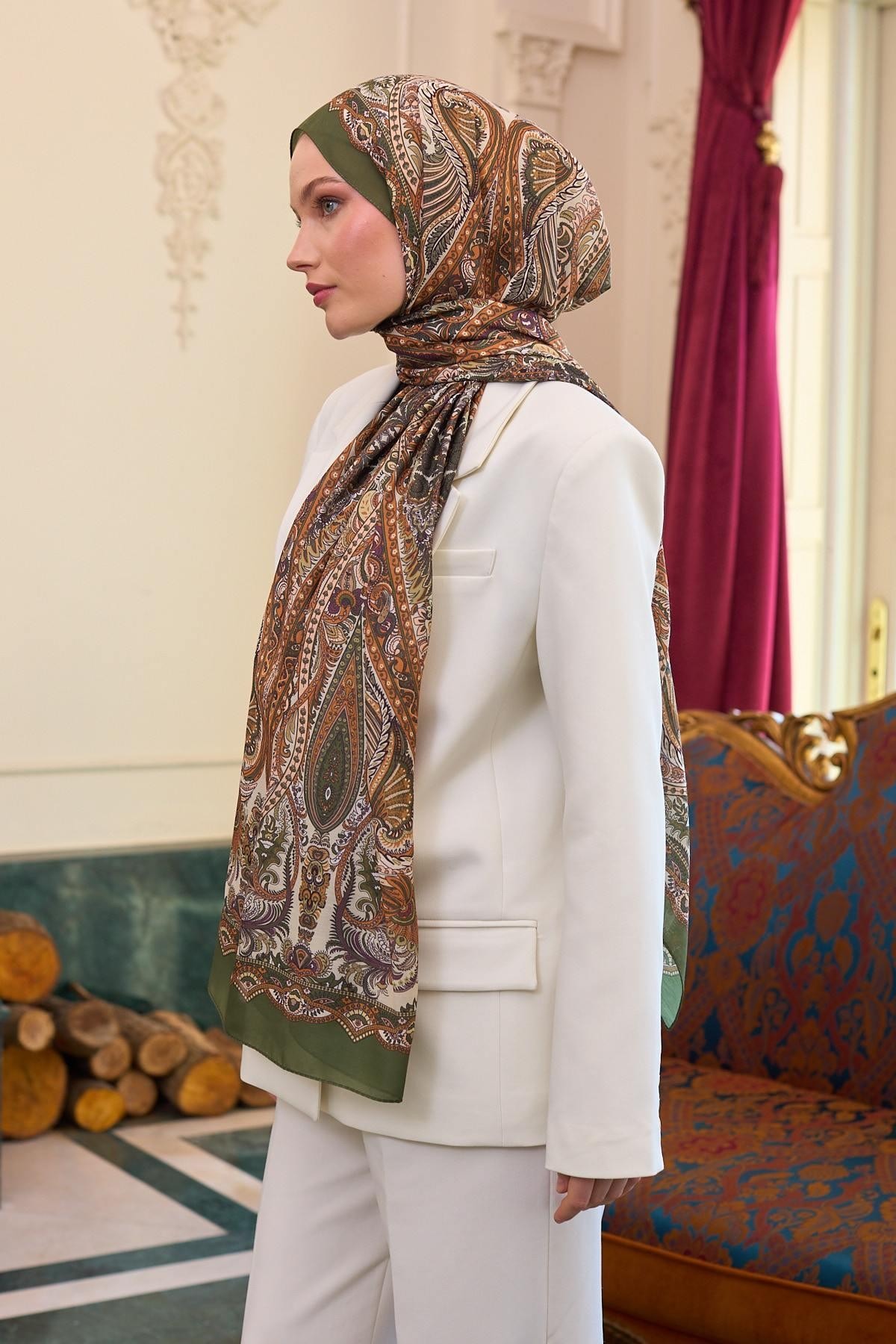 Desenli Vual Şal Haki Vual İpek Şal - 9804-05