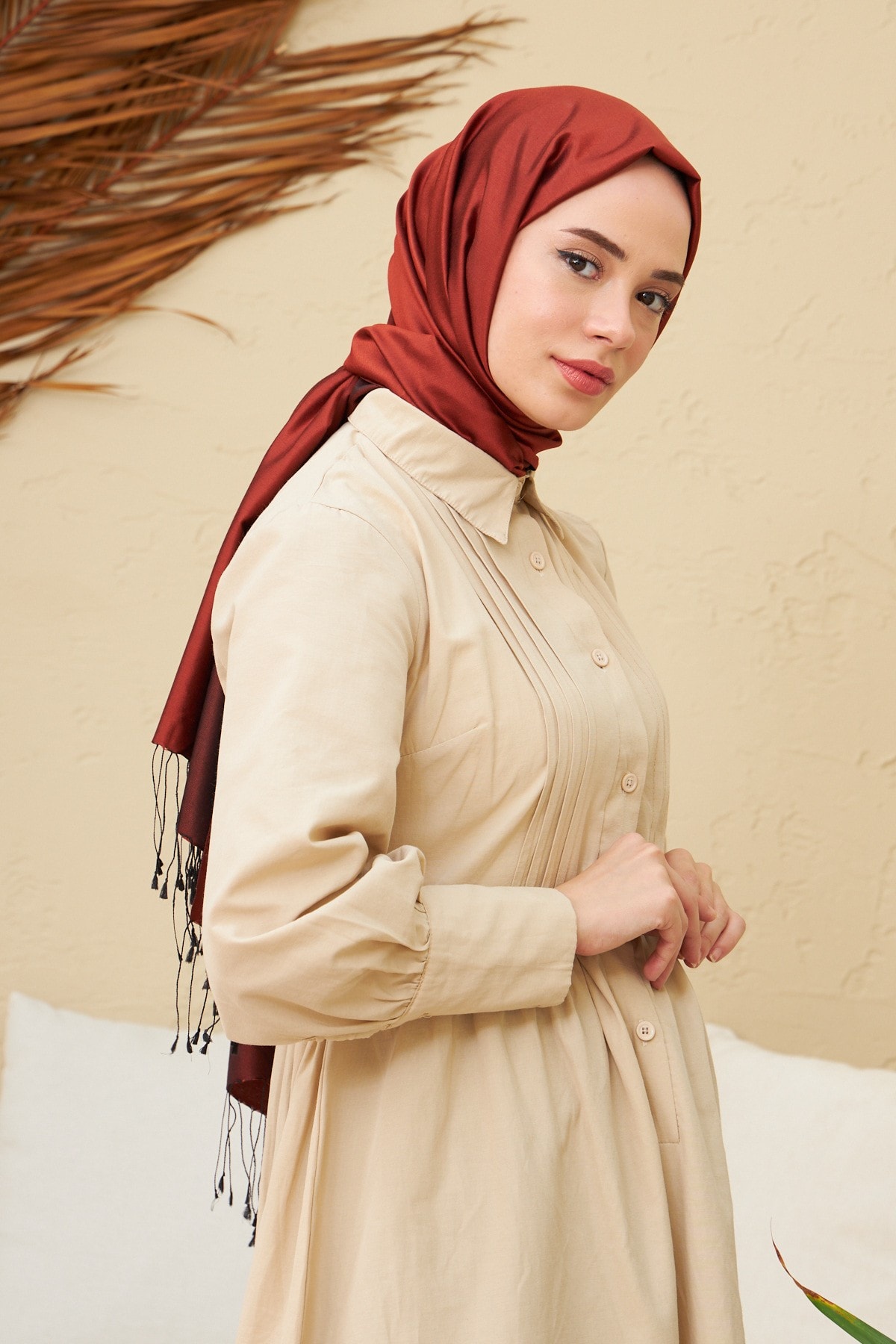 Kızıl Bakır Düz Çift Taraflı İpek Şal Modeli