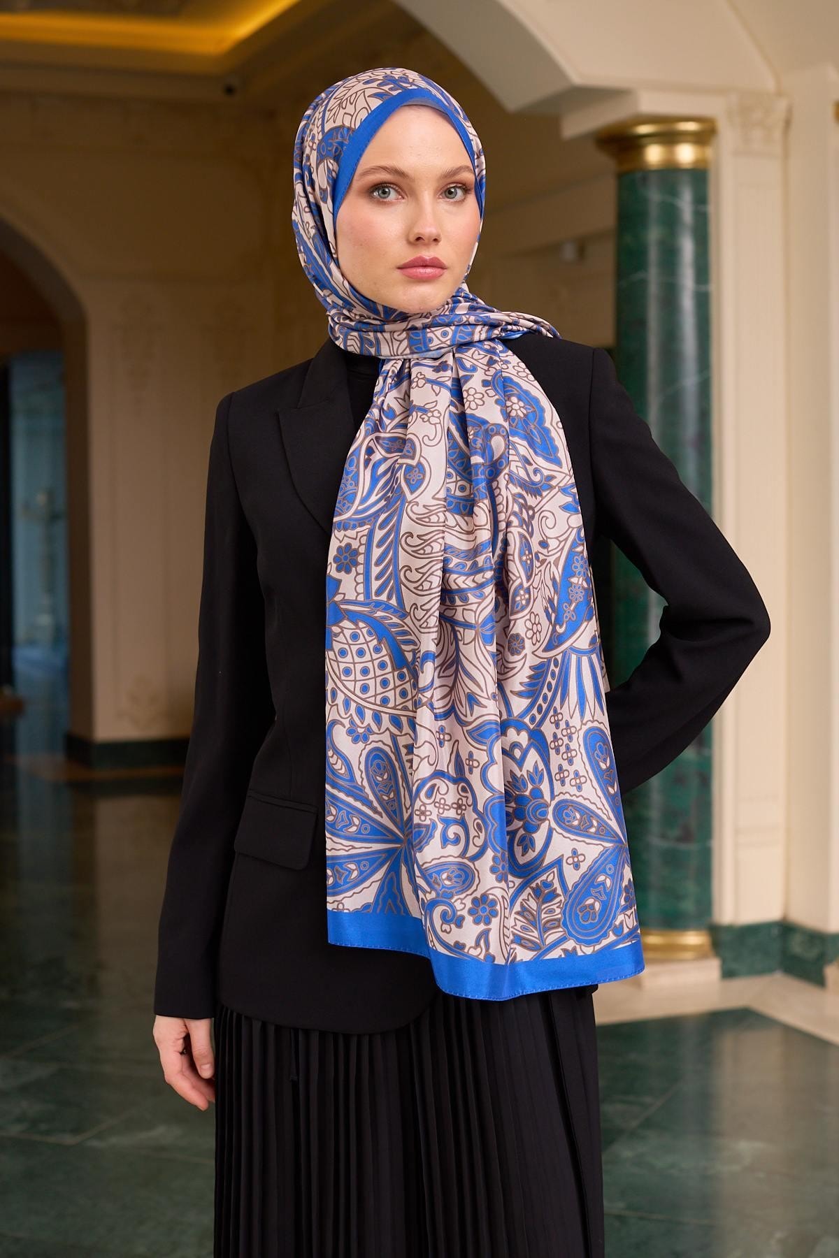 Desenli Vual Şal Saks Beyaz Vual İpek Şal - 9803-23