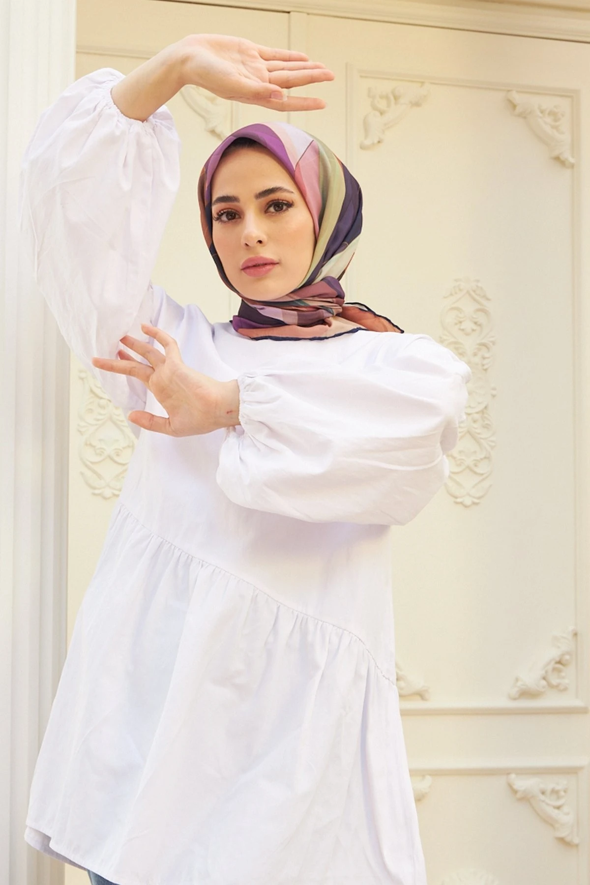 Geometrik Kahverengi Pamuk Viskon Eşarp