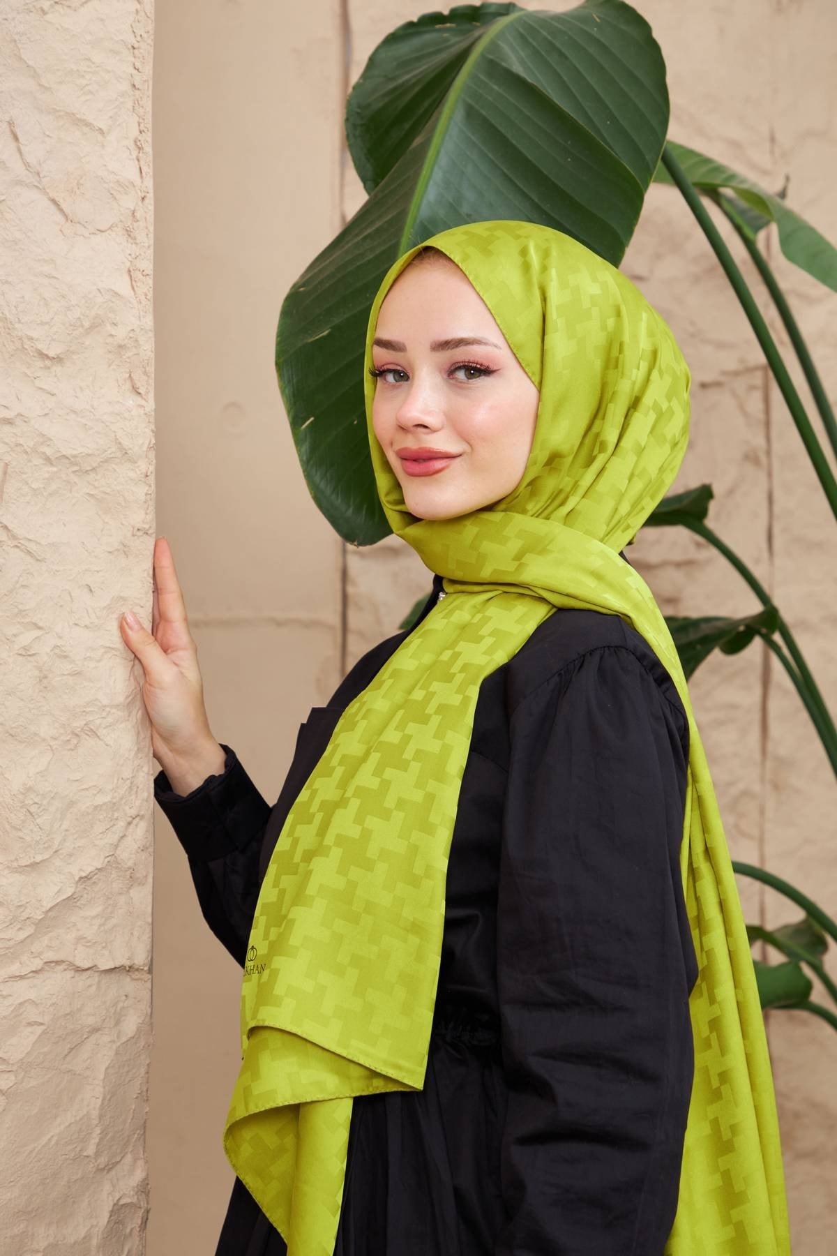 Cross Desen İpeksi Jakar Şal Yağ Yeşili 9006-21