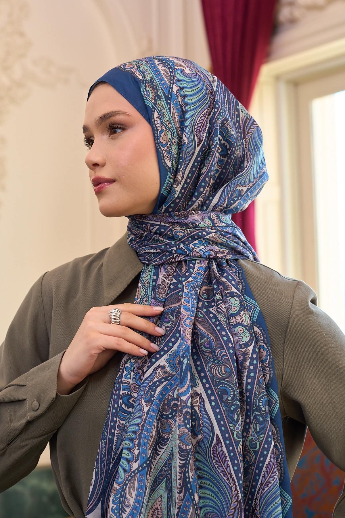 Desenli Vual Şal Petrol Mavi Vual İpek Şal - 9804-13