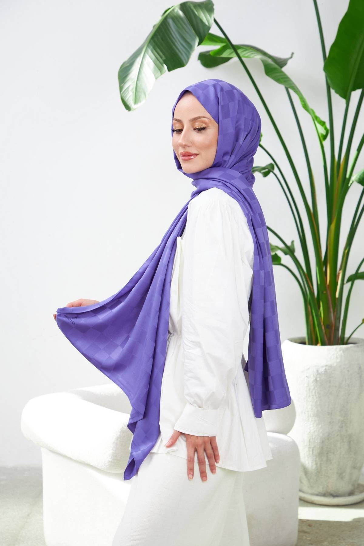 Yeni Dama Desen İpeksi Jakar Şal Mor 9007-24