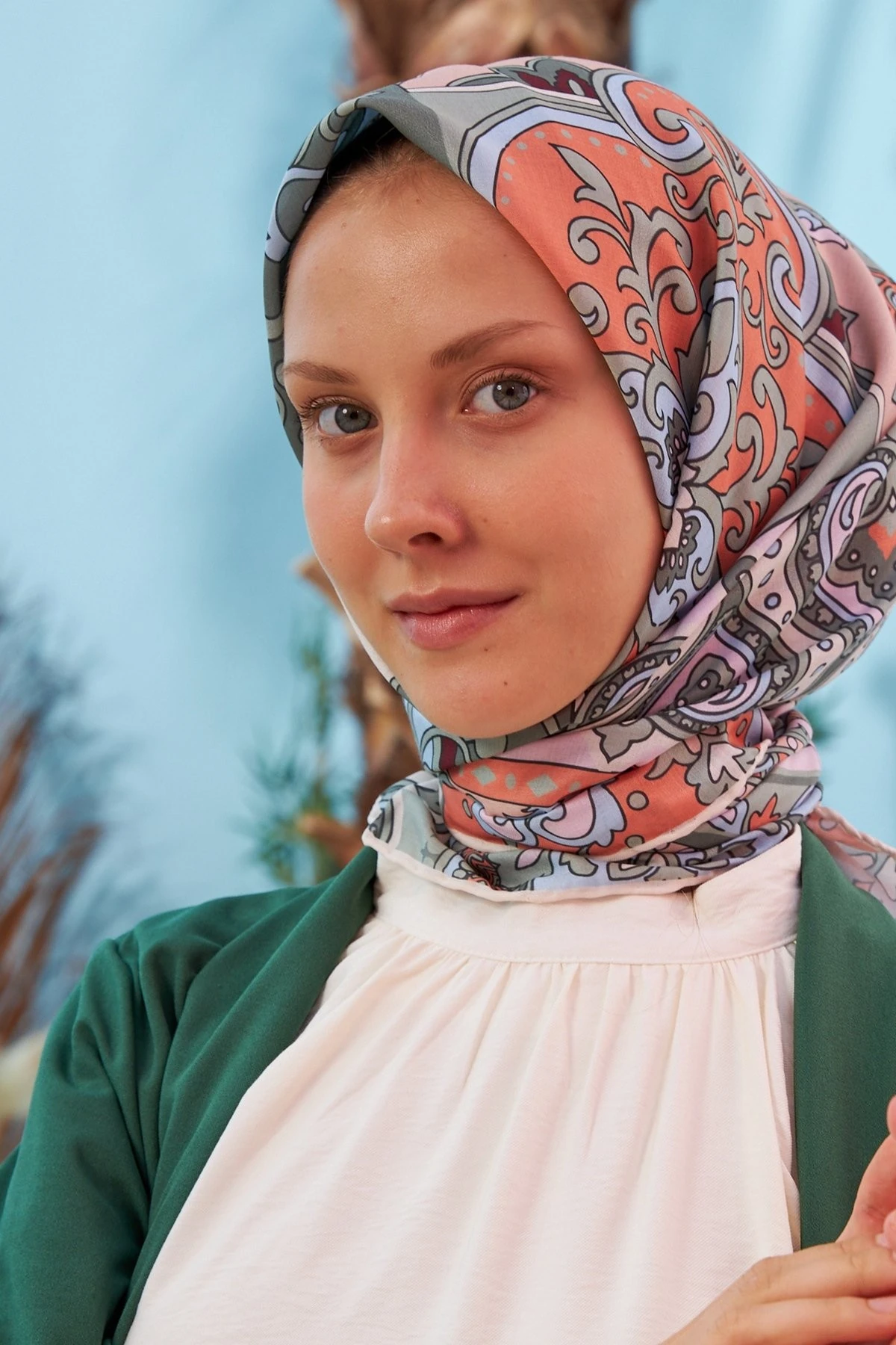 Mozaik Yeşil Turuncu Pamuk Viskon Eşarp