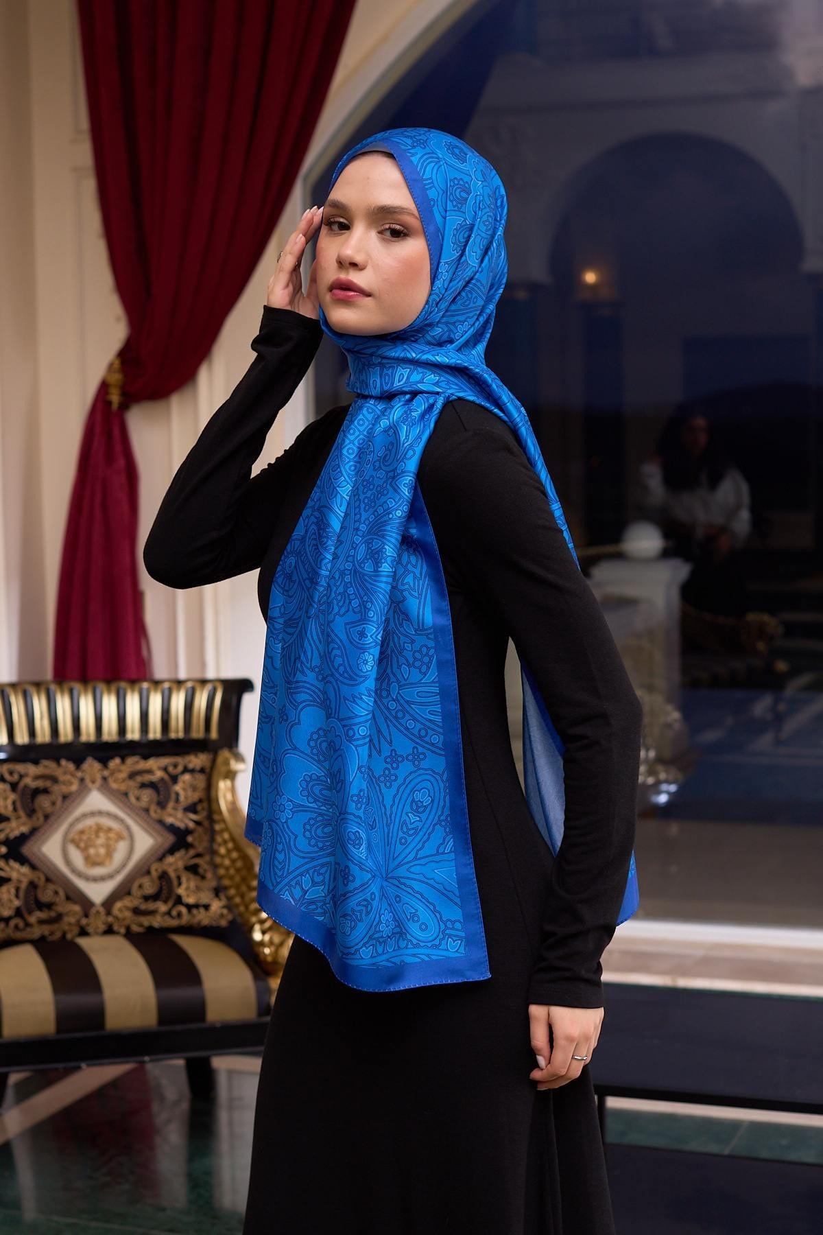 Desenli Vual Şal Saks Vual İpek Şal - 9803-22