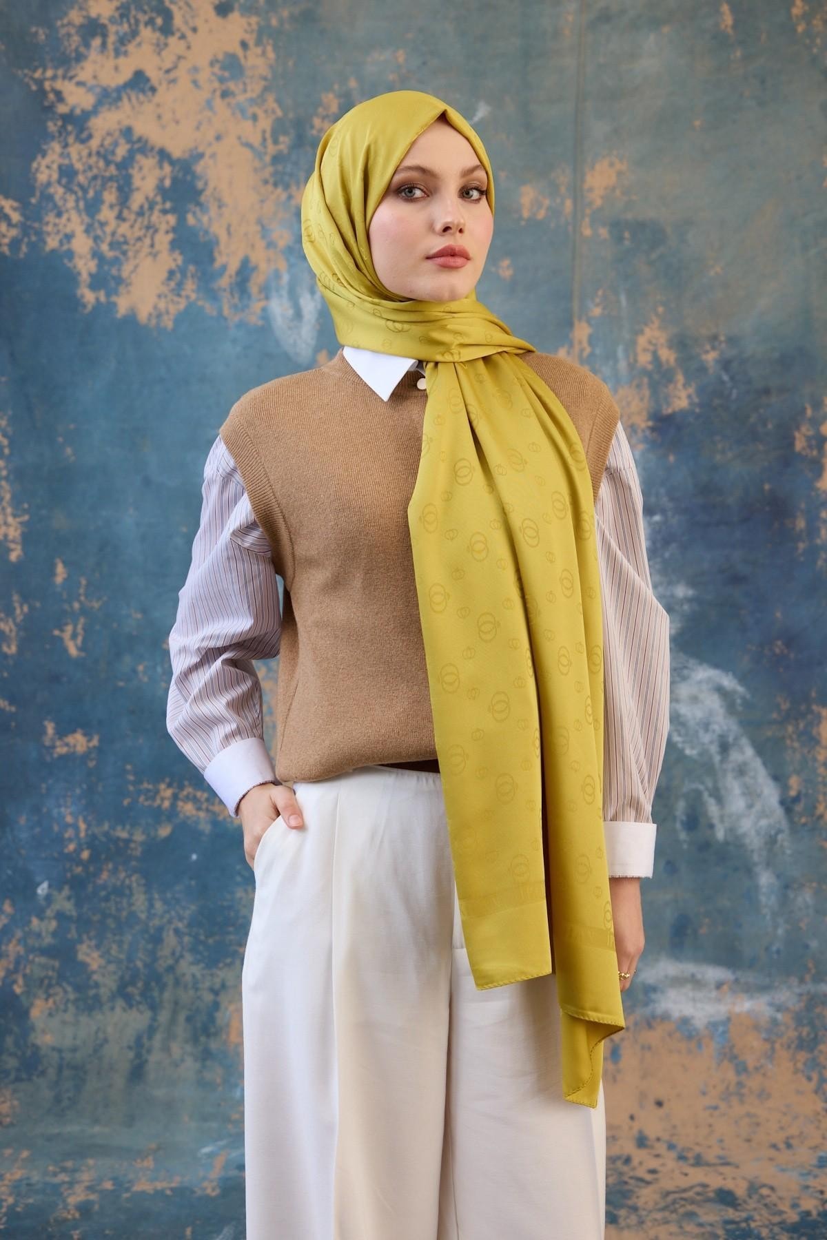 Fall Winter İpeksi Jakar Şal Yağ Yeşili 9018-04