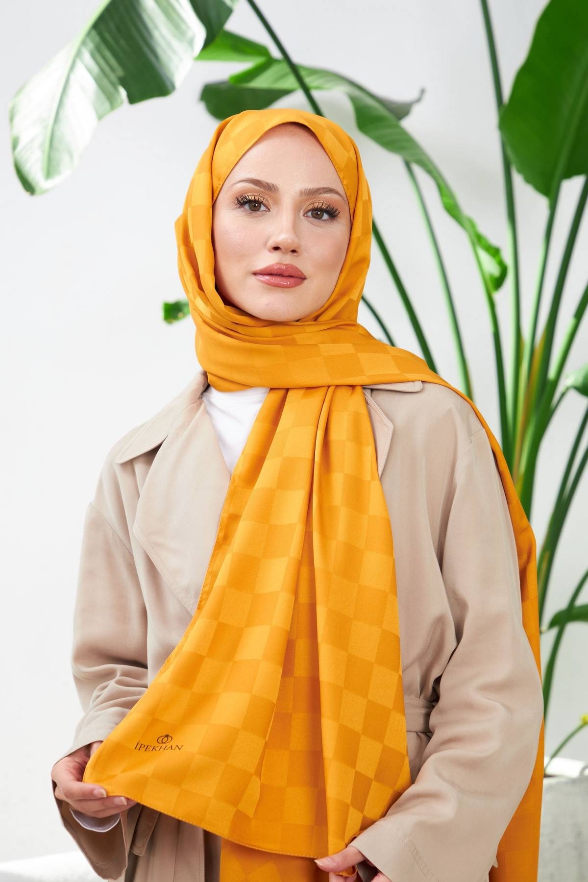 Yeni Dama Desen İpeksi Jakar Şal Taba 9007-11