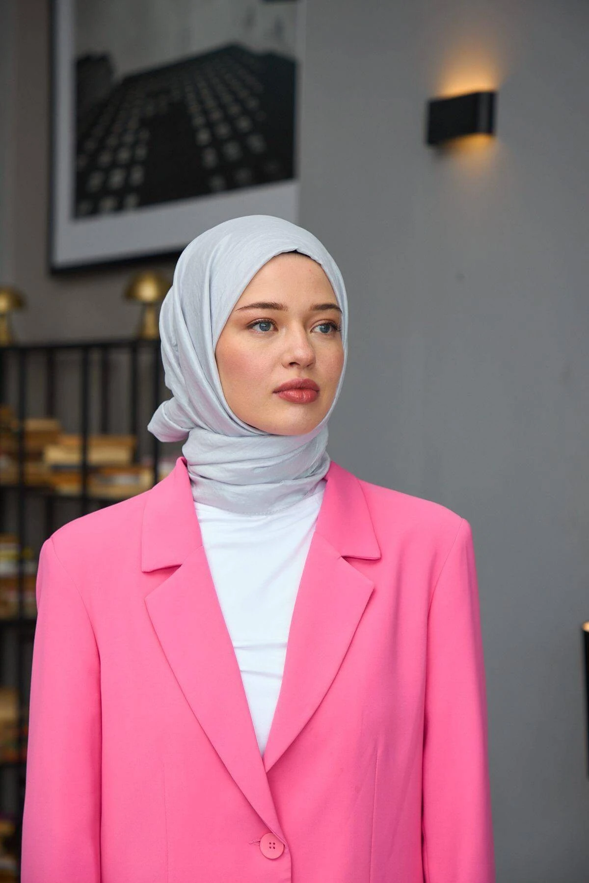 Düz Desen Vual Şal Gri Vual İpek Şal - 9800-23