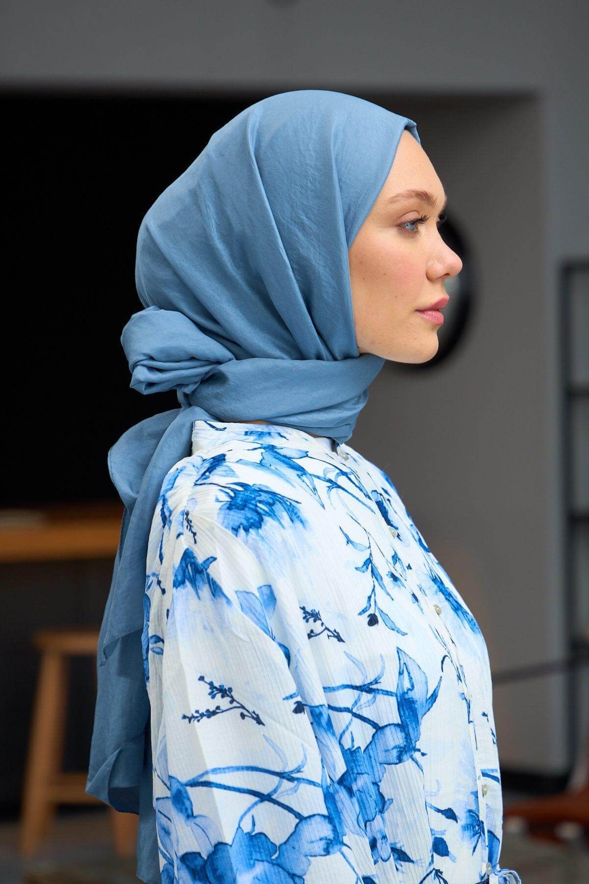 Düz Desen Vual Şal Gökyüzü Mavi Vual İpek Şal - 9800-07