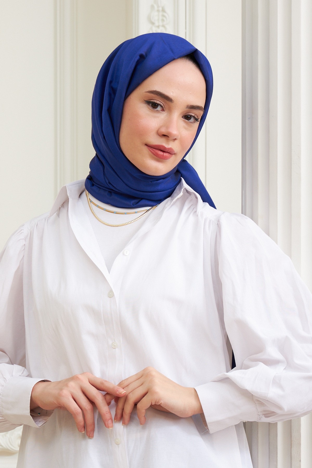 Sax Mavi Düz Çift Taraflı İpek Şal Modeli