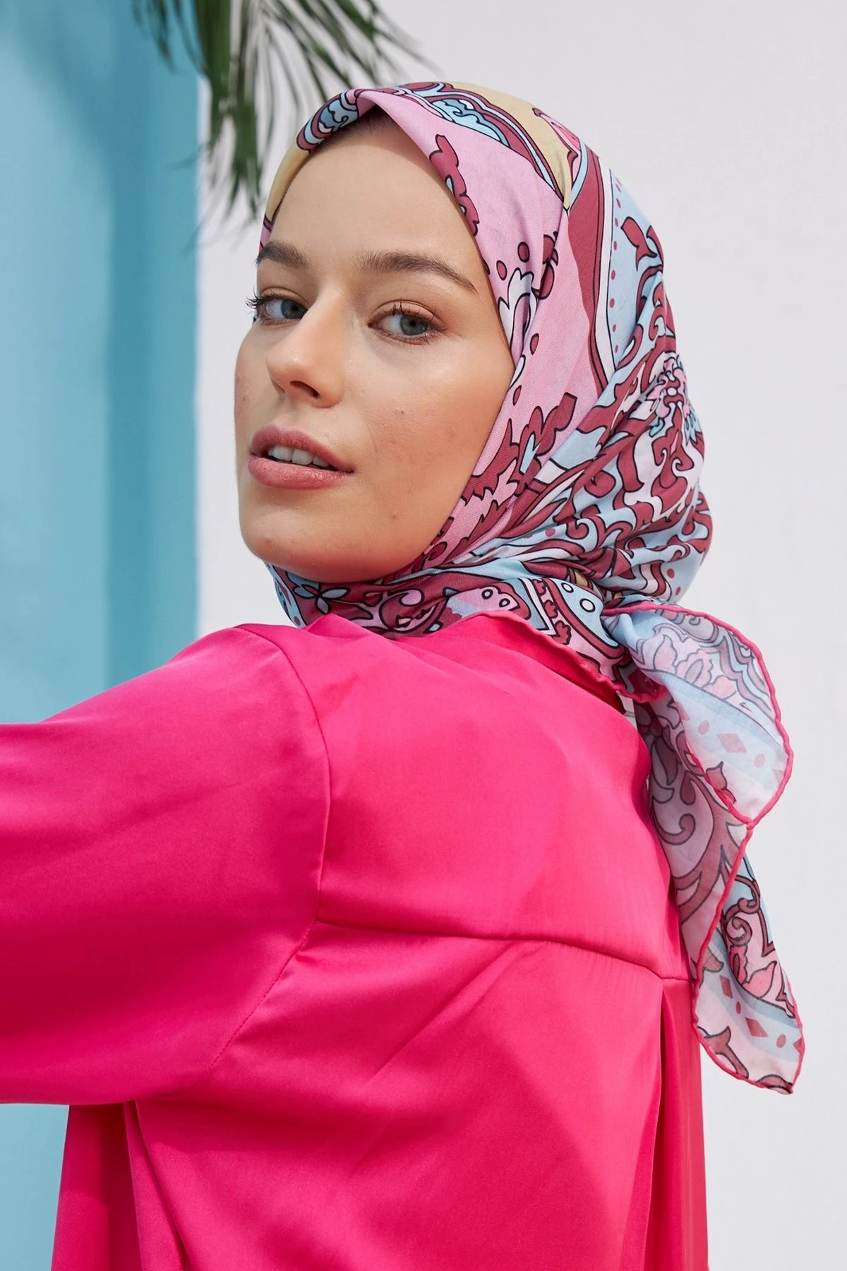 Mozaik Su Yeşili Pembe Pamuk Viskon Eşarp