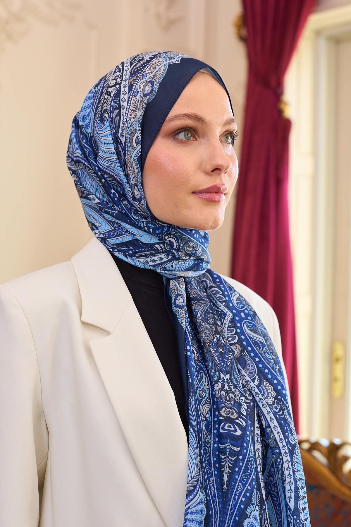 Desenli Vual Şal Mavi Vual İpek Şal - 9804-12