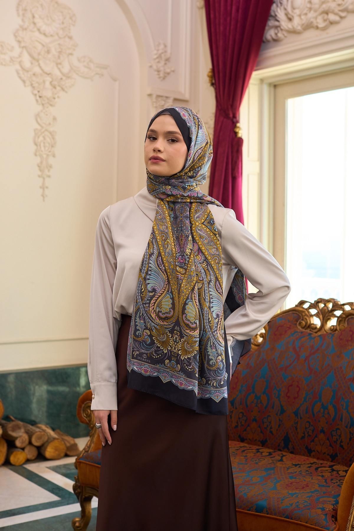 Desenli Vual Şal Altuni Vual İpek Şal - 9804-15