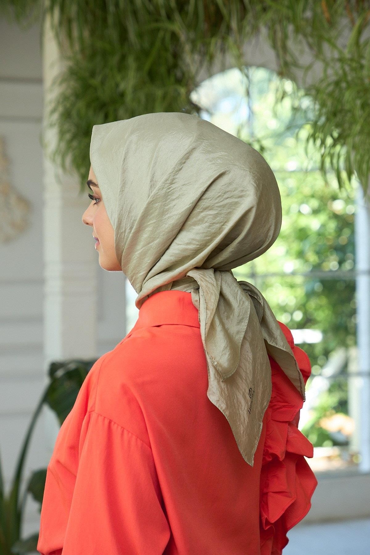 Düz Desen Vual Eşarp Açık Haki Vual İpek Eşarp - 10100-19