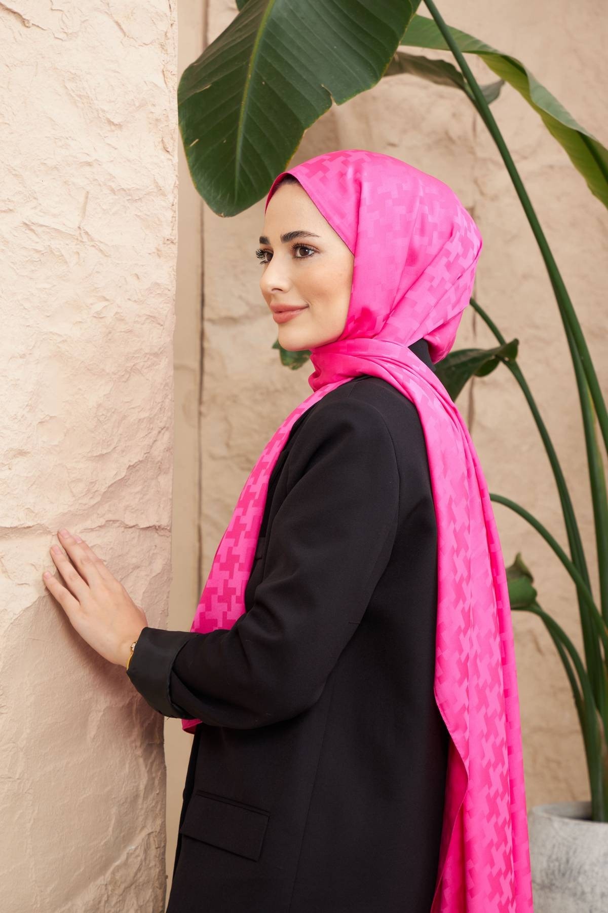 Cross Desen İpeksi Jakar Şal Fuşya 9006-05