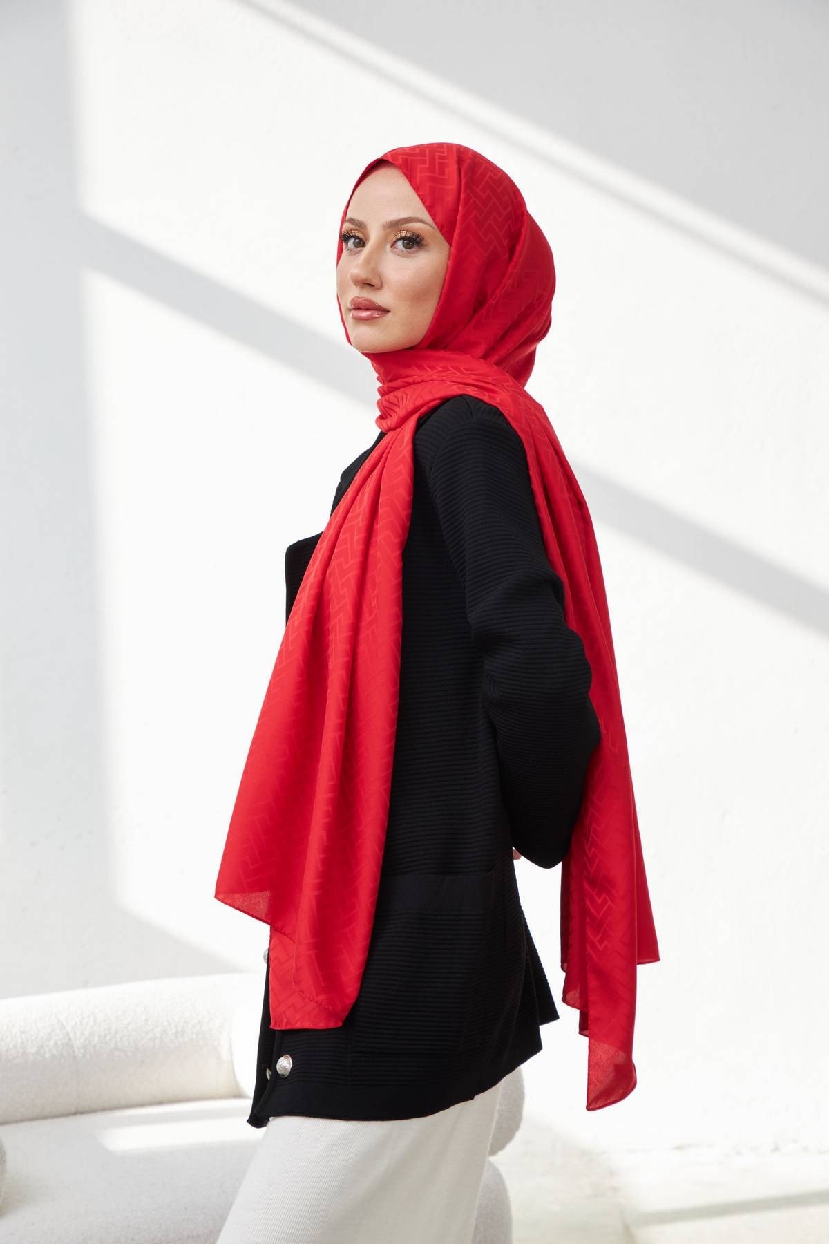 Lego Desen İpeksi Jakar Şal Kırmızı 9004-16