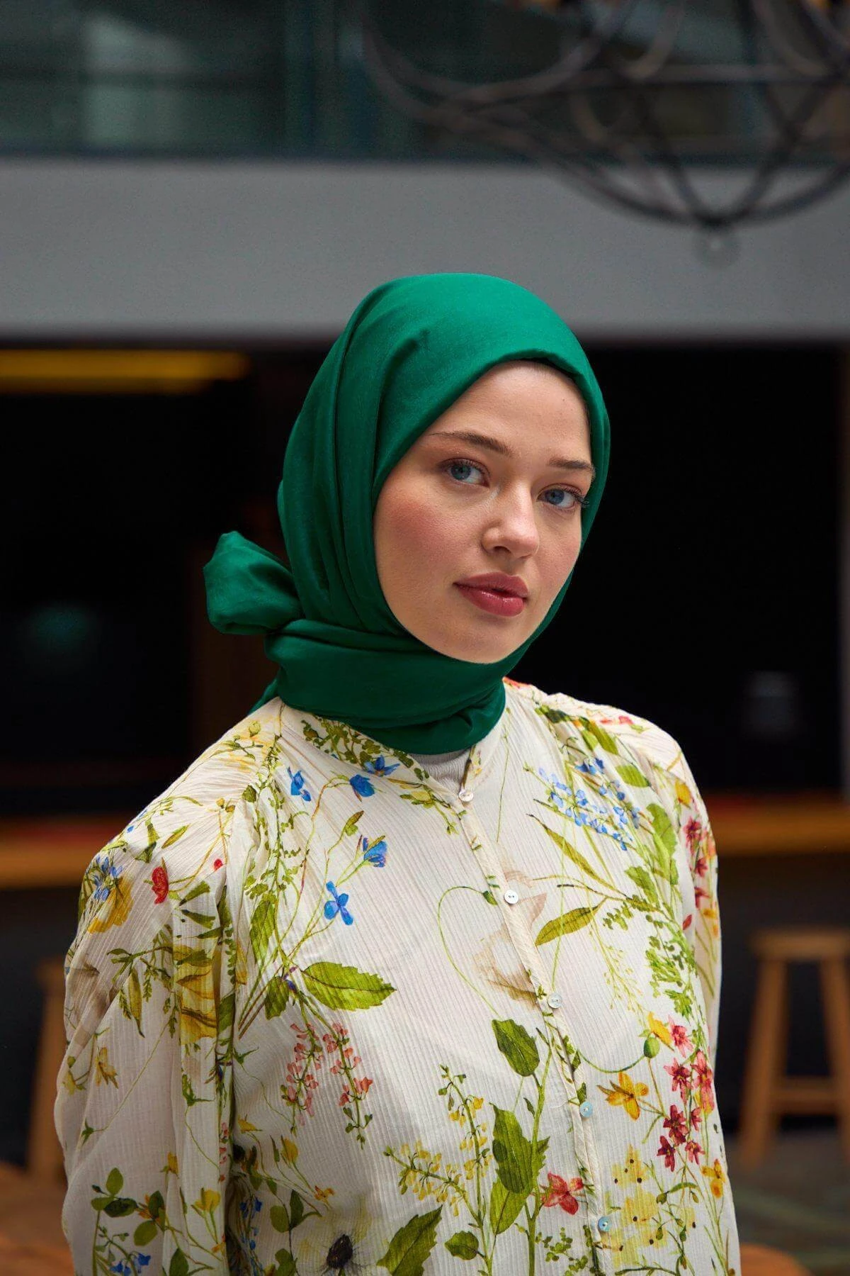 Düz Desen Vual Şal Avcı Yeşili Vual İpek Şal - 9800-12