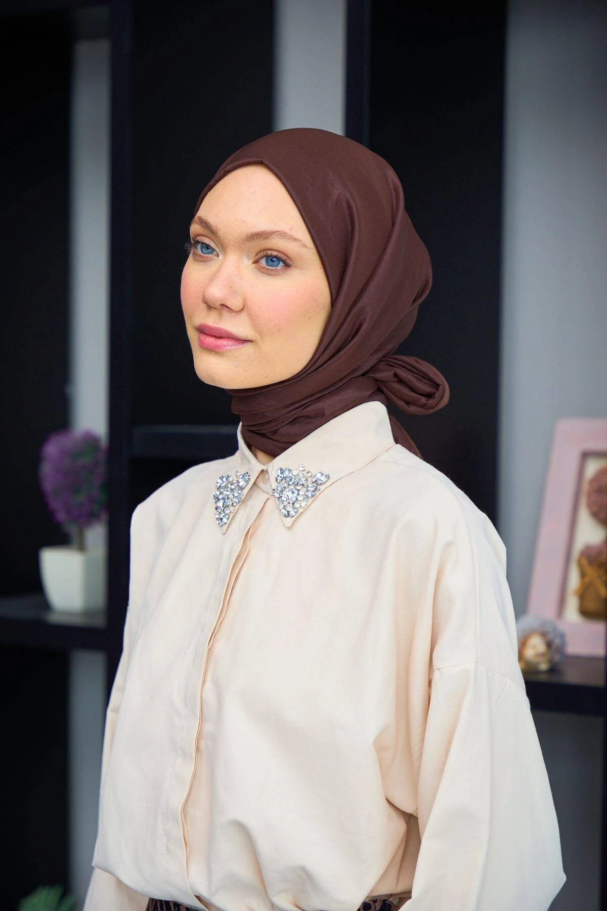 Düz Desen Vual Şal Acı Kahve Vual İpek Şal - 9800-18