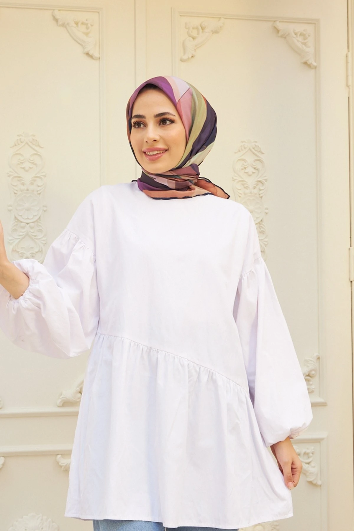 Geometrik Kahverengi Pamuk Viskon Eşarp