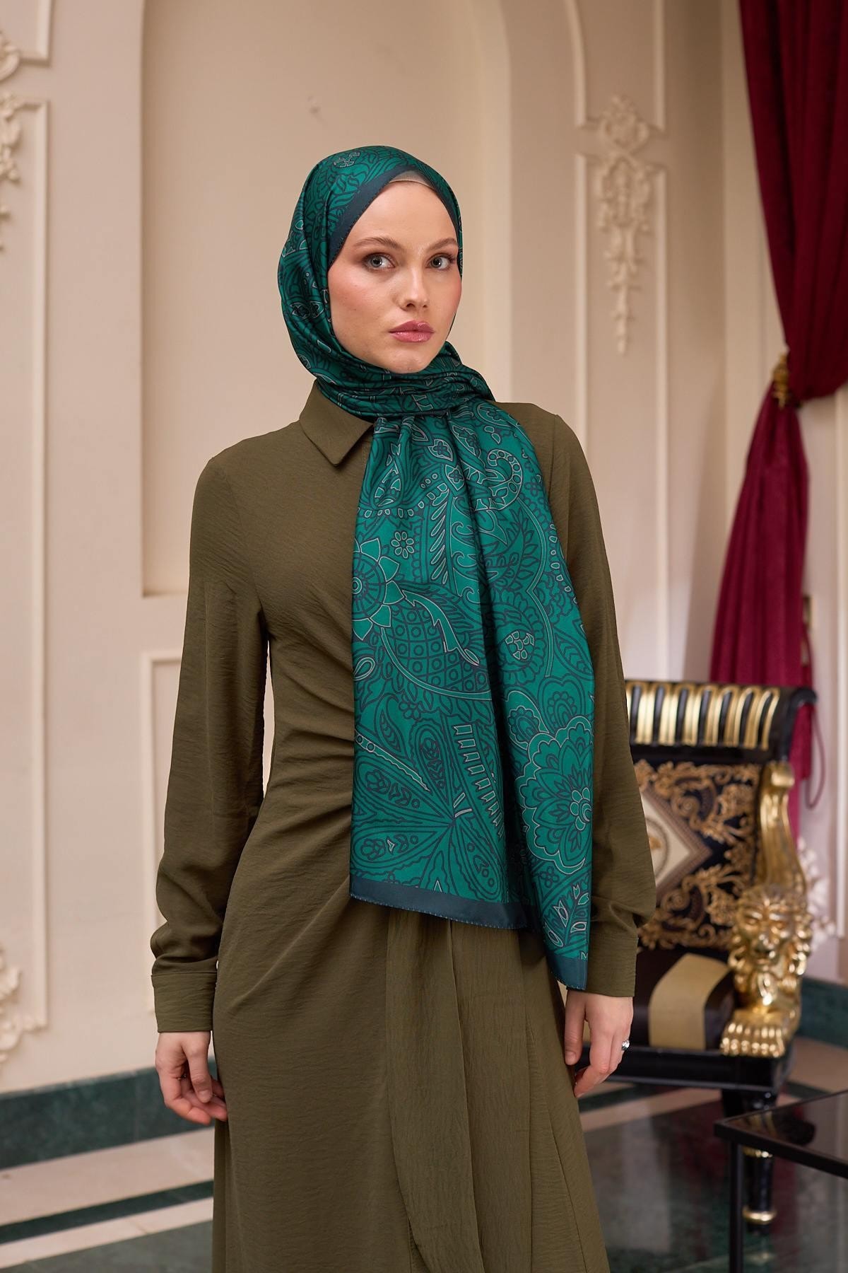 Desenli Vual Şal Zümrüt Yeşili Vual İpek Şal - 9803-32